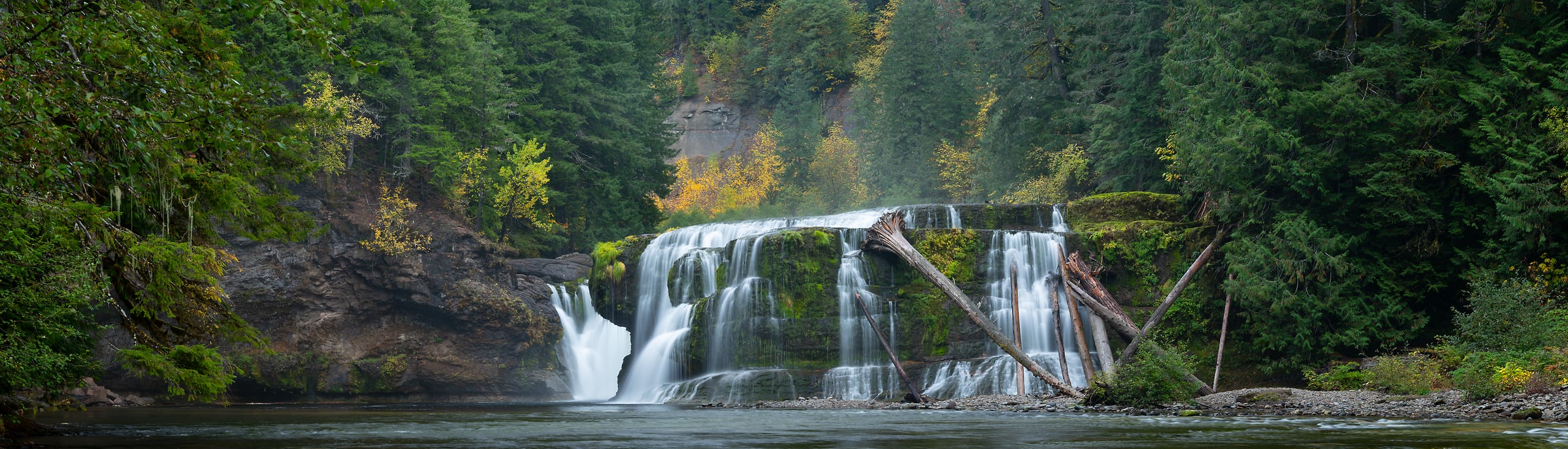 270 megapixels! A very high resolution, wide waterfall panorama photo; photograph created by Greg Probst in Gifford Pinchot National Forest, Washington.
