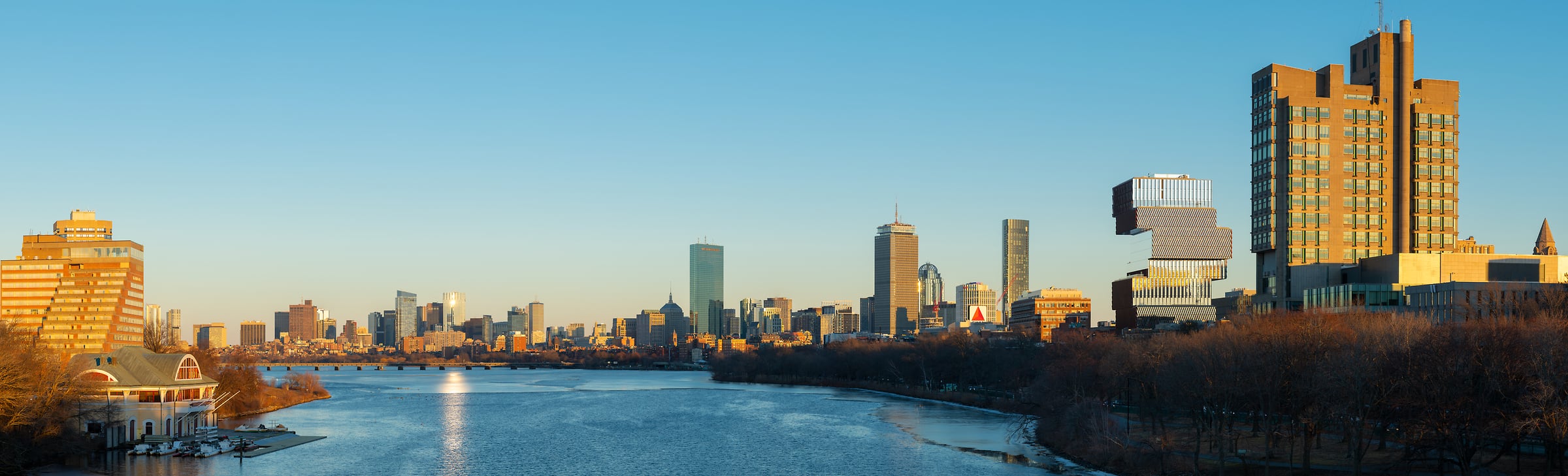 349 megapixels! A very high resolution, large-format VAST photo print of the Charles River in Boston with the city skyline and a blue sky; photograph created by Greg Probst in Boston, Massachusetts.