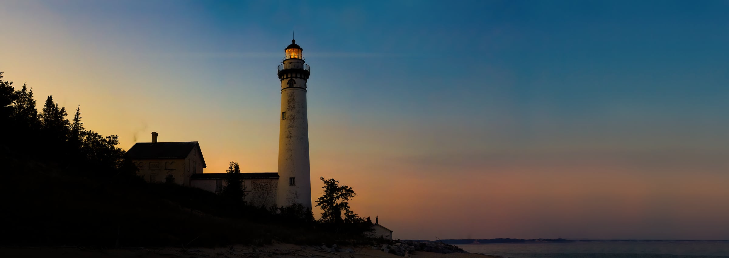 276 megapixels! A very high resolution, large-format VAST photo print of a lighthouse at dusk; photograph created by David David in South Manitou Island, Lake Michigan, Michigan.