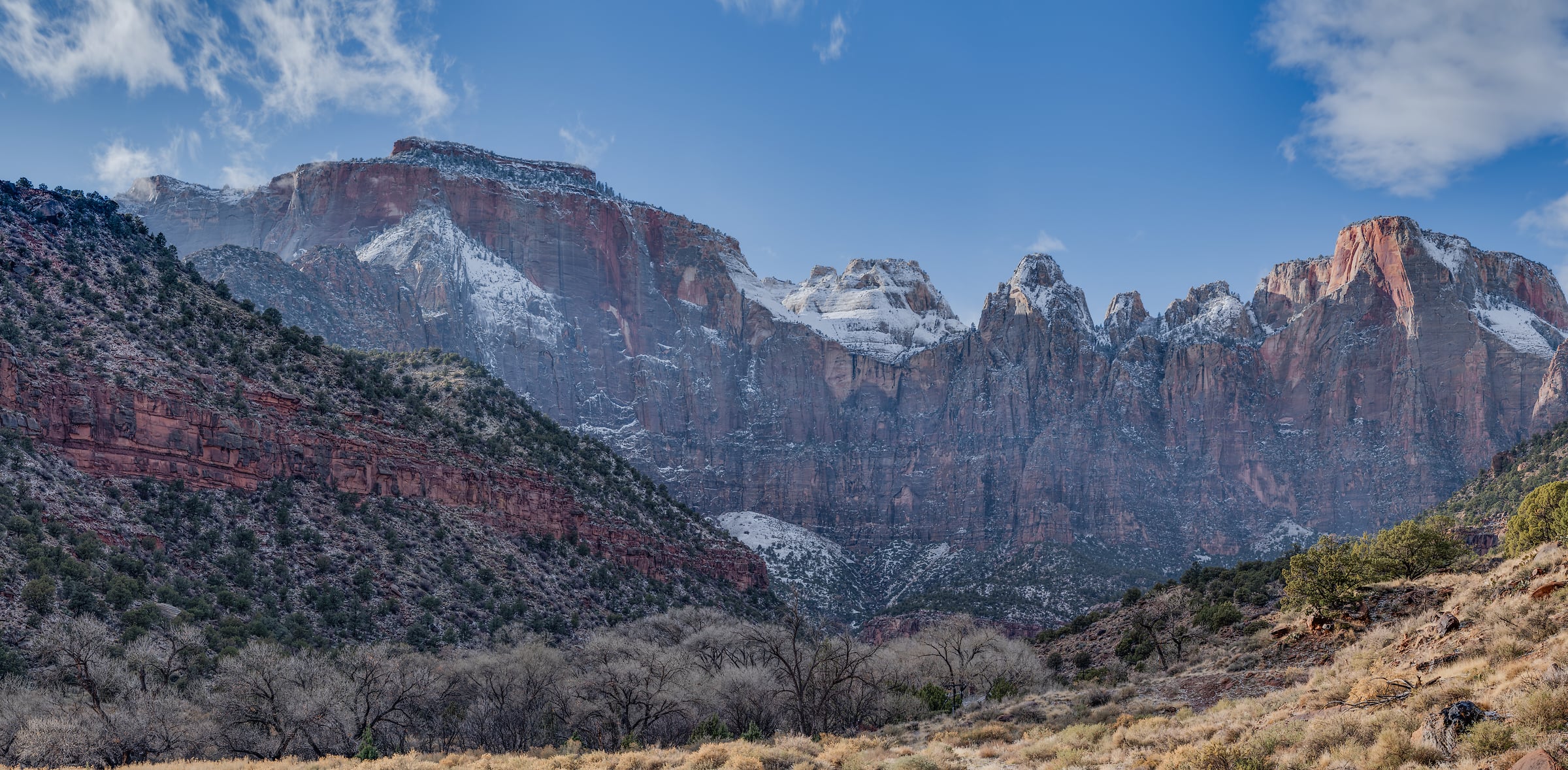 301 megapixels! A very high resolution, large-format VAST photo print of the Towers of the Virgin sandstone monoliths in Zion National Park; landscape photograph created by Chris Blake.