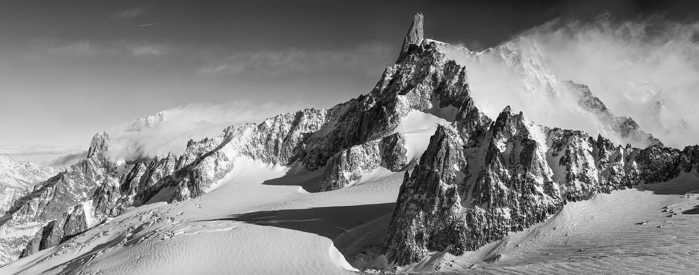 2,864 megapixels! A very high resolution, large-format, black & white VAST photo print of a mountain range in the Alps; landscape photograph created by Duilio Fiorille of La Dent du Géant of the Rochefort ridge in Punta Helbronner, Courmayeur, Italy.