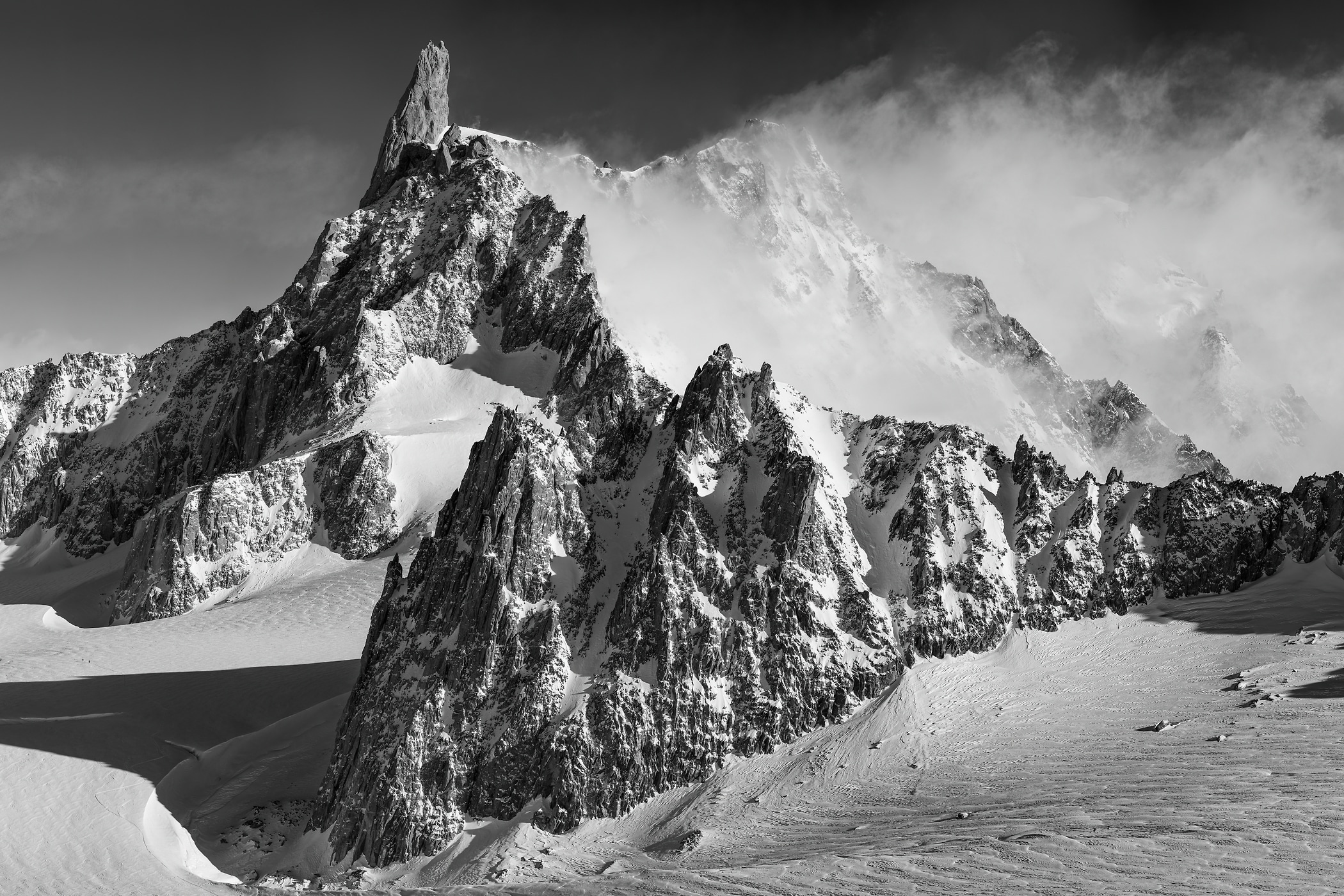 1,696 megapixels! A very high resolution, large-format fine art photograph of a mountain in the Alps; landscape photograph created by Duilio Fiorille of La Dent du Géant of the Rochefort ridge in Punta Helbronner, Courmayeur, Italy.