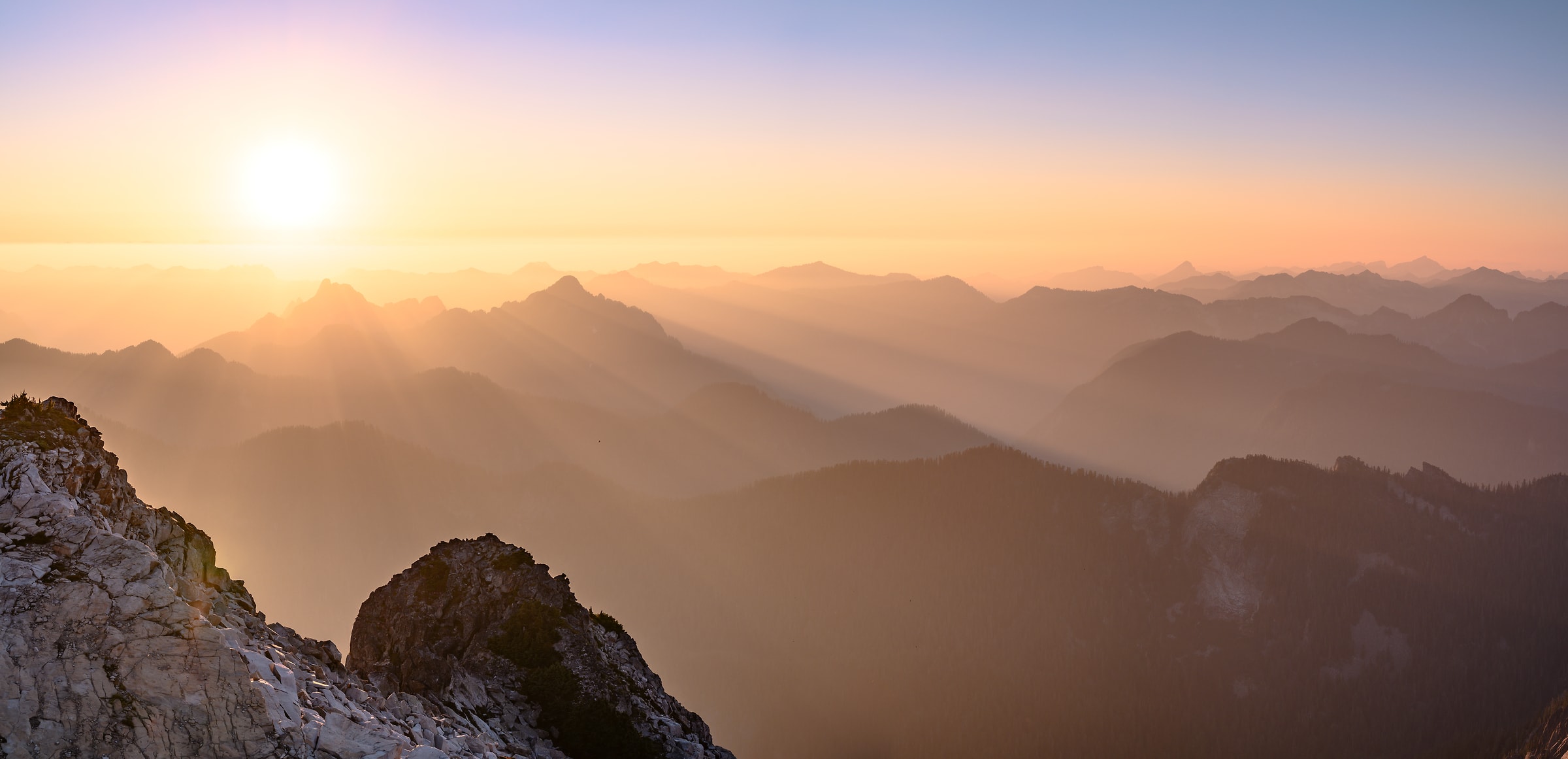 136 megapixels! A very high resolution, large-format VAST photo print of a sunset with pastel colors and mountain ridgelines; landscape photograph created by Scott Rinckenberger from the Summit of Big Snow Mountain in the Alpine Lakes Wilderness, Washington.