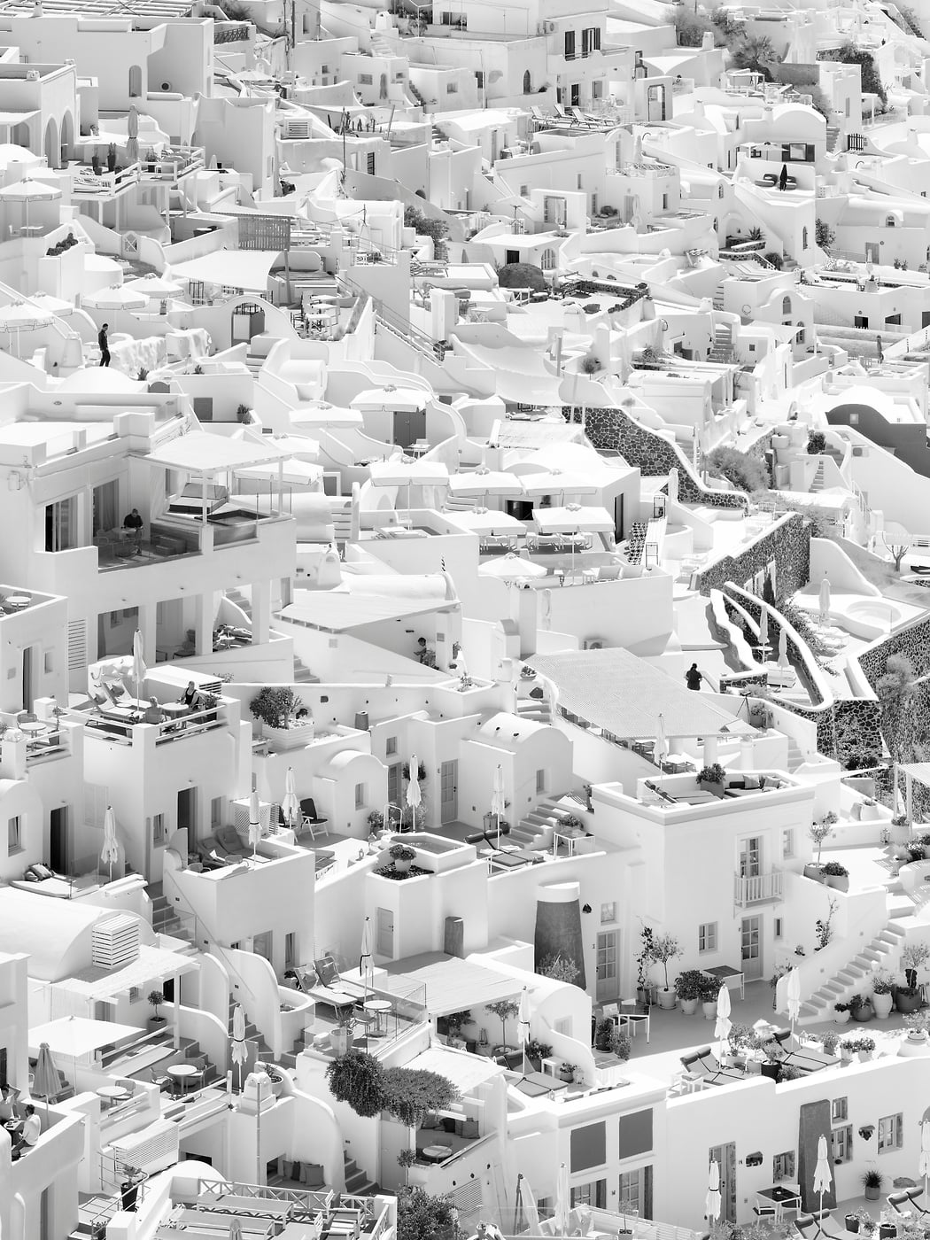 191 megapixels! A very high resolution, black & white VAST photo print of the cliffside buildings in Santorini, Greece; photograph created by Dan Piech.
