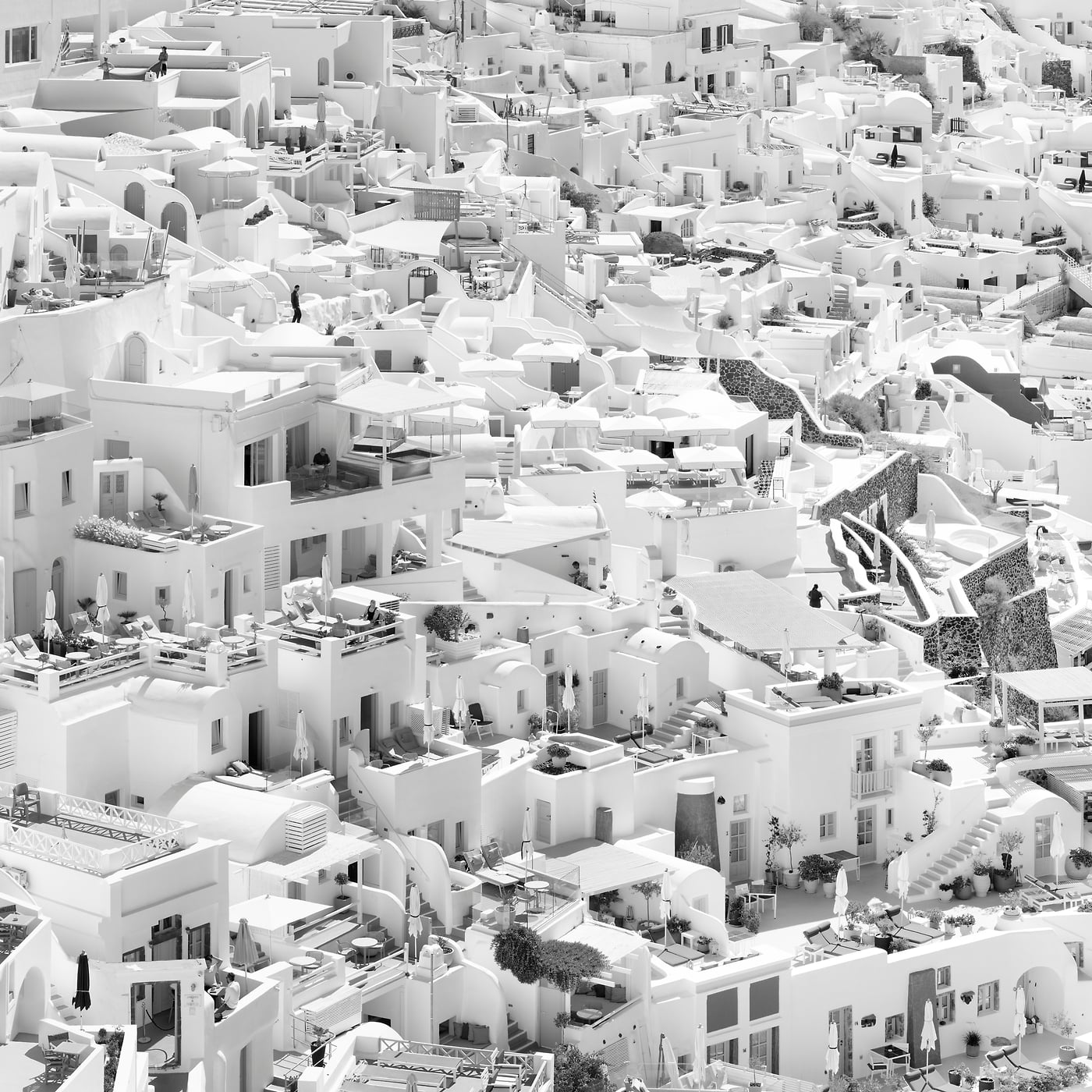 254 megapixels! A very high resolution, black & white VAST photo of the cliffside buildings in Santorini, Greece; fine art print created by Dan Piech.