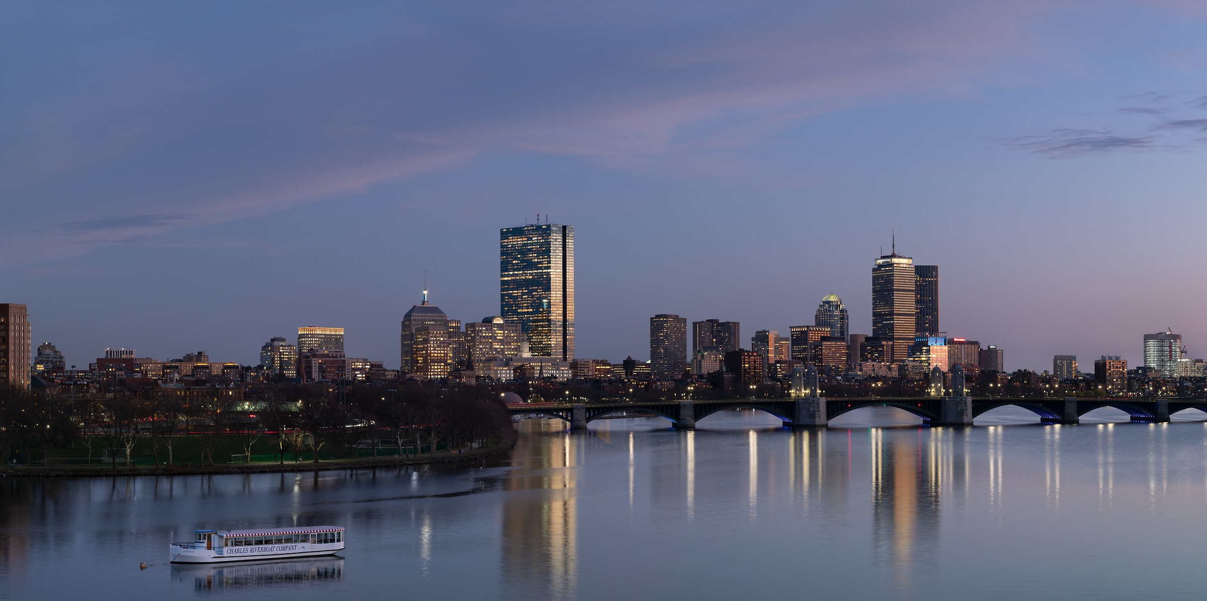 409 megapixels! A very high resolution, large-format VAST photo print of Back Bay and the Charles River with the Boston skyline at dusk; skyline photograph created by Greg Probst in Boston, Massachusetts.