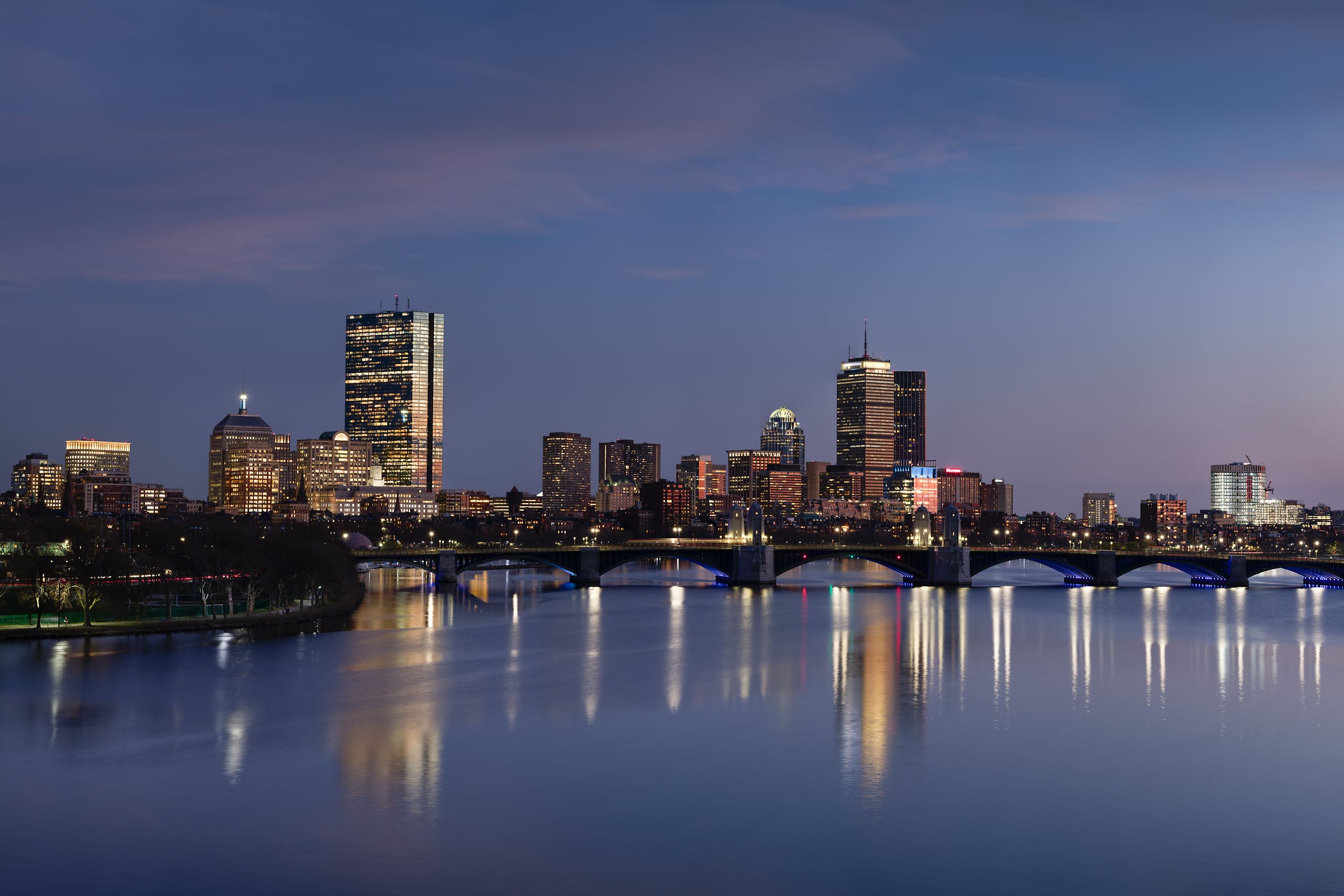 287 megapixels! A very high resolution, large-format VAST photo print of the Boston skyline at dusk along the Charles River; cityscape photograph created by Greg Probst in Boston, Massachusetts.
