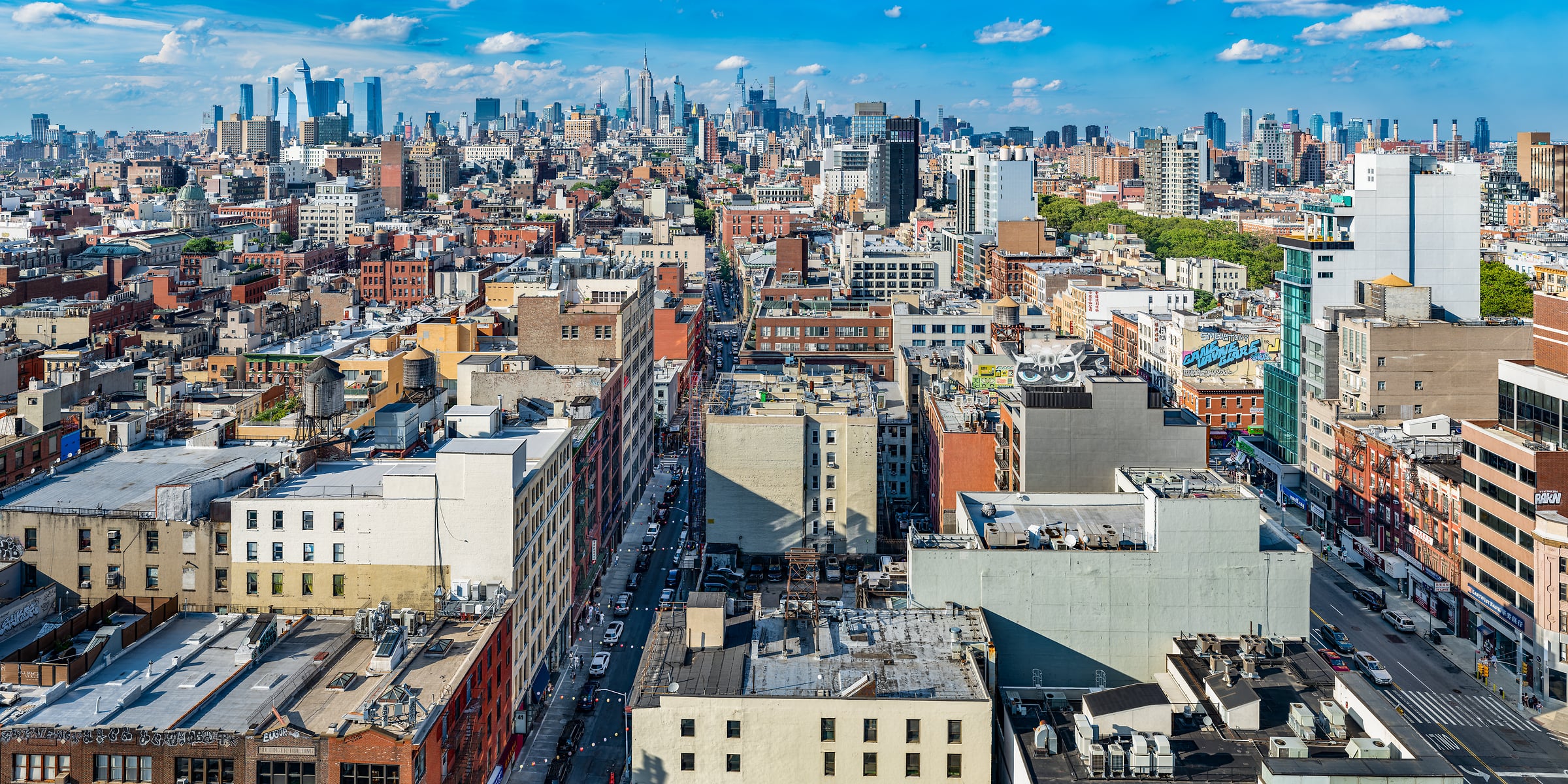 3,078 megapixels! A very high resolution, large-format VAST photo print of the New York City skyline during summer; cityscape photograph created by Tim Lo Monaco from Lower Manhattan, New York City, New York.
