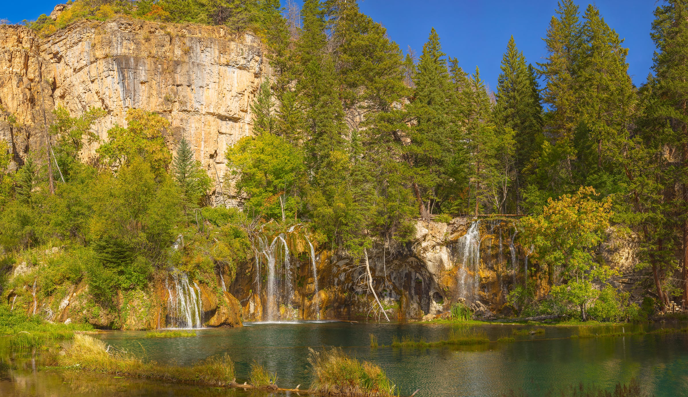5,903 megapixels! A very high resolution, large-format VAST photo print of a small lake with waterfalls, trees, and cliffs; nature photograph created by John Freeman in Hanging Lake, Glenwood Canyon, Colorado.