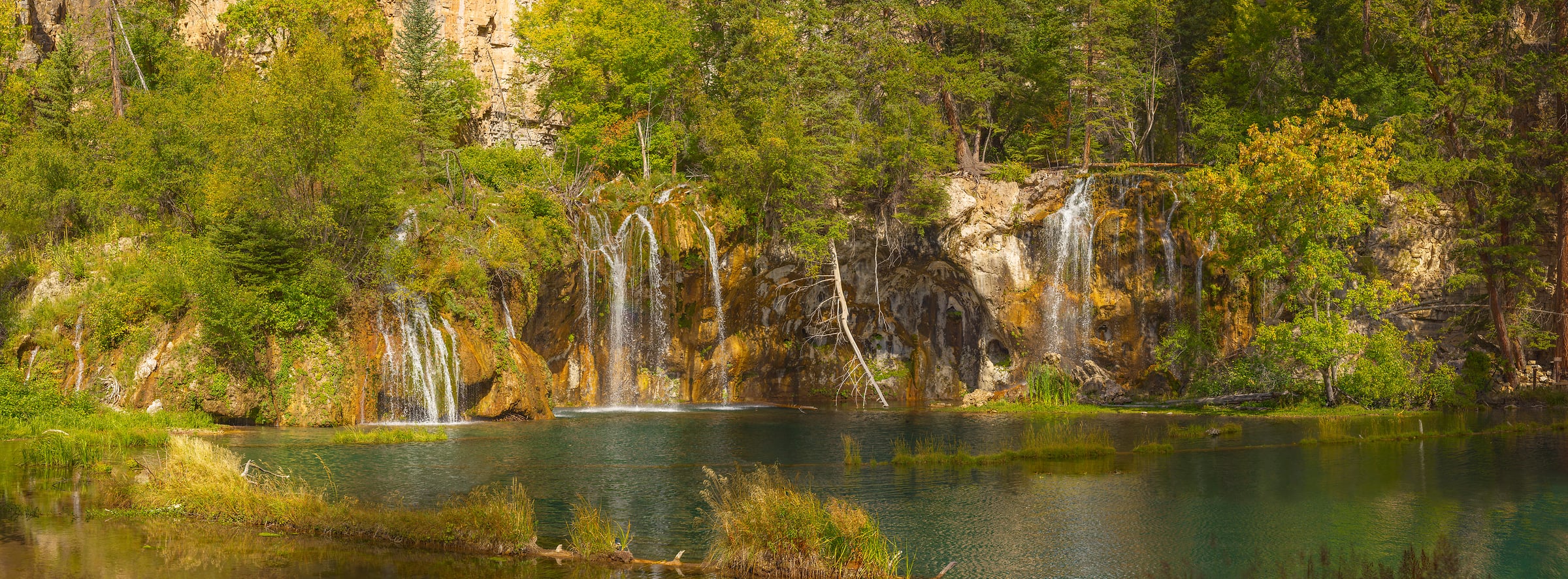 3,779 megapixels! A very high resolution, large-format VAST photo print of a lake with waterfalls and trees; gigapixel wallpaper photograph created by John Freeman in Hanging Lake, Glenwood Canyon, Colorado.