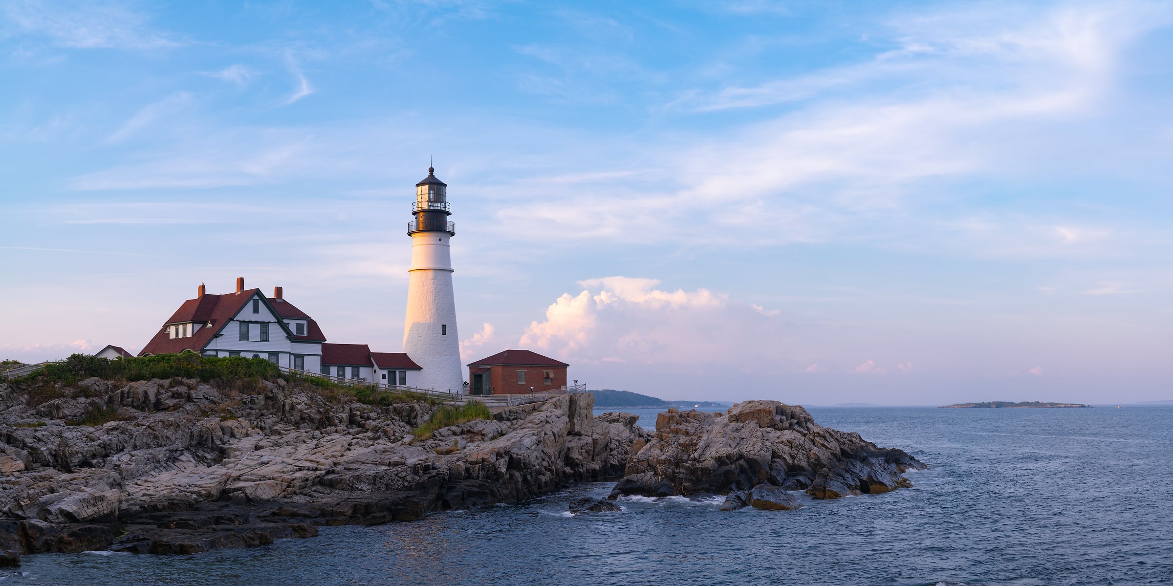 251 megapixels! A very high resolution, large-format VAST photo print of a lighthouse at sunset; photograph created by Greg Probst of the Portland Head Lighthouse in Portland, Maine.
