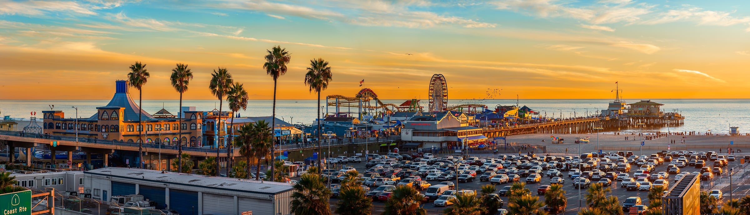 363 megapixels! A very high resolution, large-format VAST photo print of Santa Monica pier at sunset with the beach and Pacific Ocean; photograph created by Jim Tarpo in Santa Monica, Los Angeles, California.