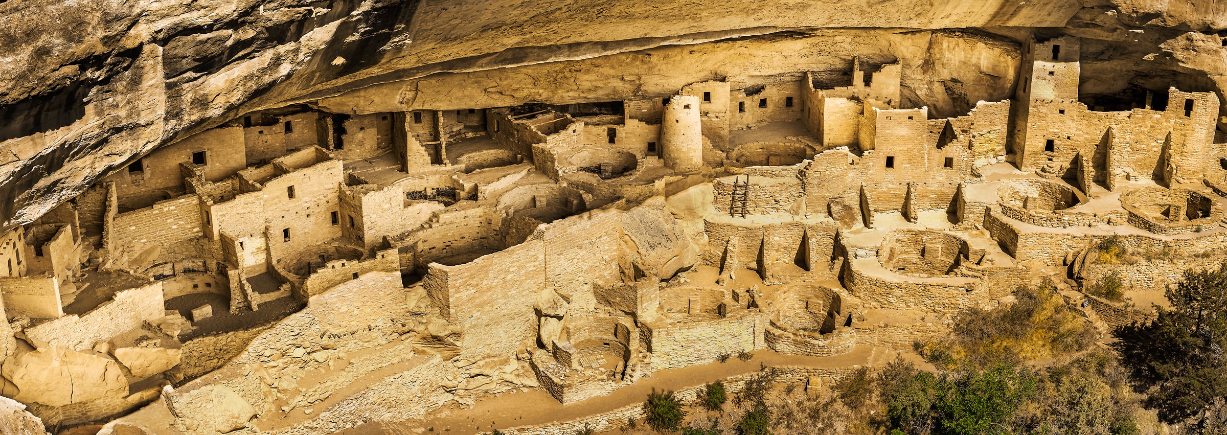 276 megapixels! A very high resolution, large-format panorama photo of the dwellings at Mesa Verde National Park; panorama photograph created by David David in Colorado.