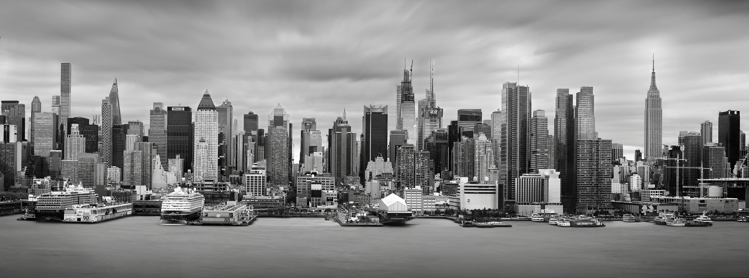 446 megapixels! A very high resolution, black & white, large-format VAST photo print of the Midtown Manhattan skyline and the Hudson River; fine art city photograph created by Phil Crawshay in New York, New York.