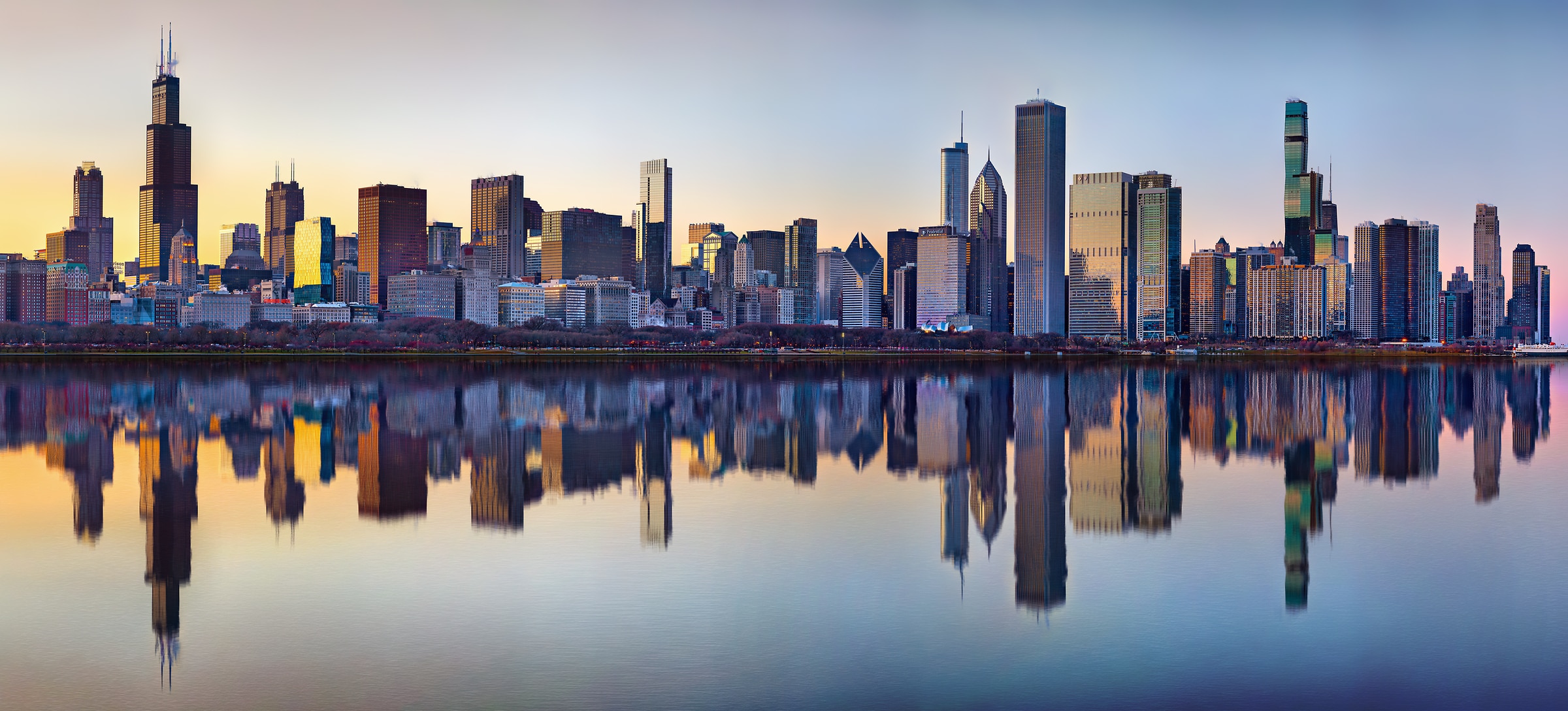 742 megapixels! A very high resolution, large-format VAST photo print of the Chicago skyline and Lake Michigan at sunset; skyline photograph created by Phil Crawshay in Chicago, Illinois.