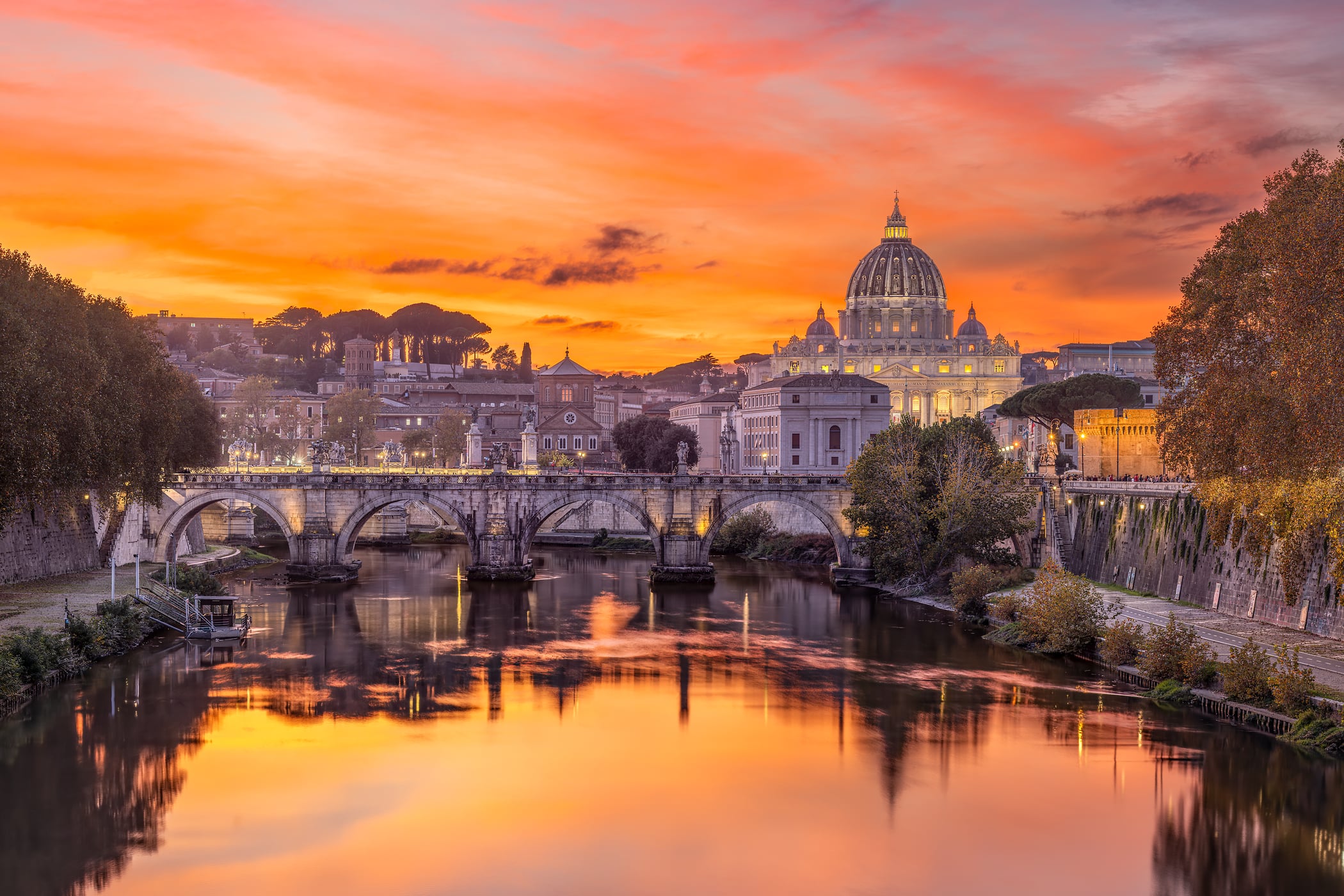 305 megapixels! A very high resolution, large-format VAST photo print of St. Peter’s Basilica, the St. Angelo Bridge, and the Tiber River at sunset; fine art photograph created by Tim Lo Monaco from Ponte Umberto I in Rome, Italy.