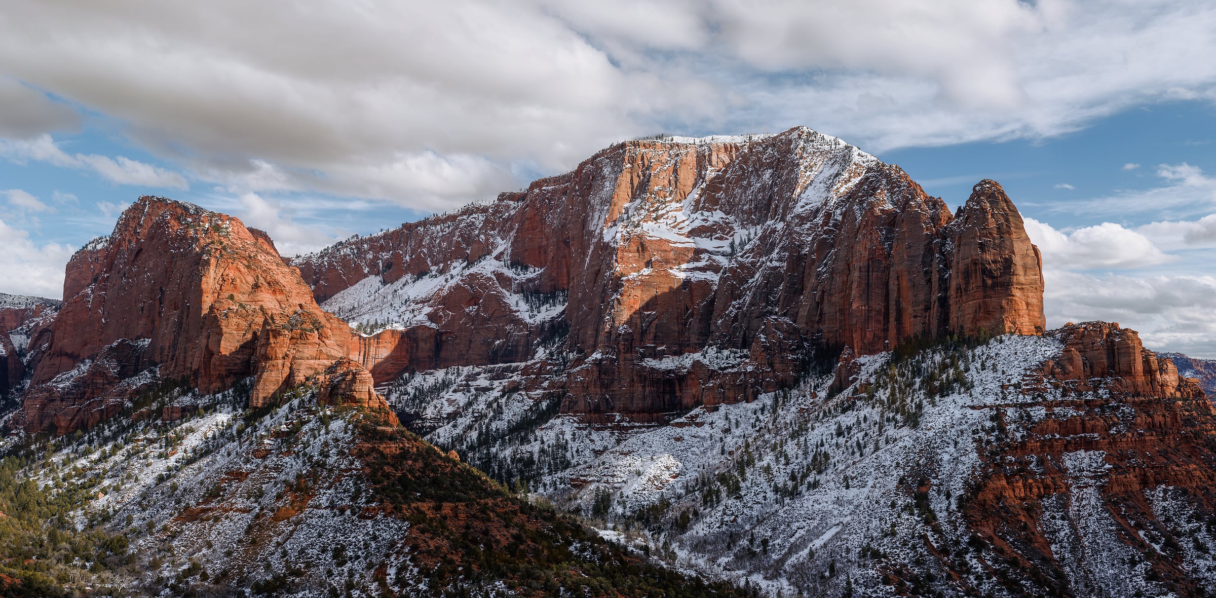 485 megapixels! A very high resolution, large-format VAST photo print of the rock formations of Kolob Canyons in Zion National Park covered in snow; landscape photograph created by Chris Blake in Zion National Park, Utah.
