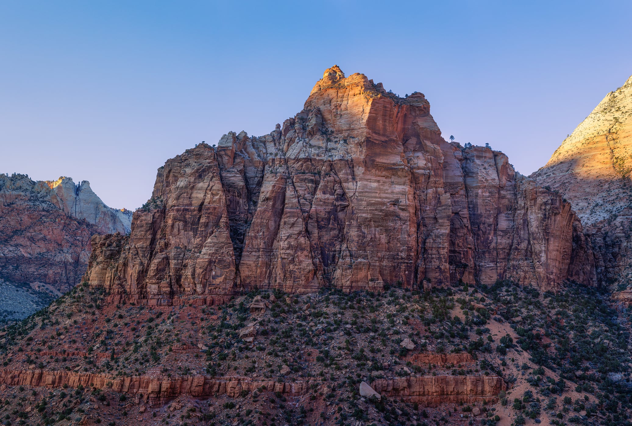 323 megapixels! A very high resolution, framed photo print of a large rock formation in Zion National Park at dusk; landscape photograph created by Chris Blake in Zion National Park, Utah.
