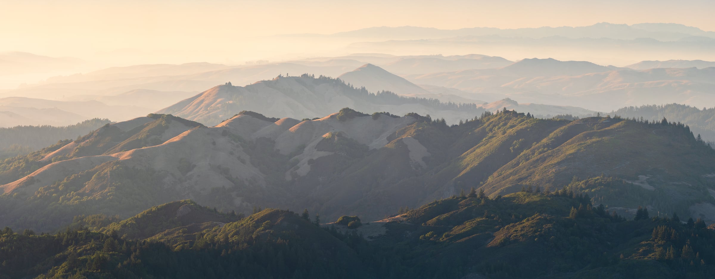 203 megapixels! A very high resolution, fine art photo print of beautiful hills at sunset; landscape photograph created by Jeff Lewis in Marin County, California.