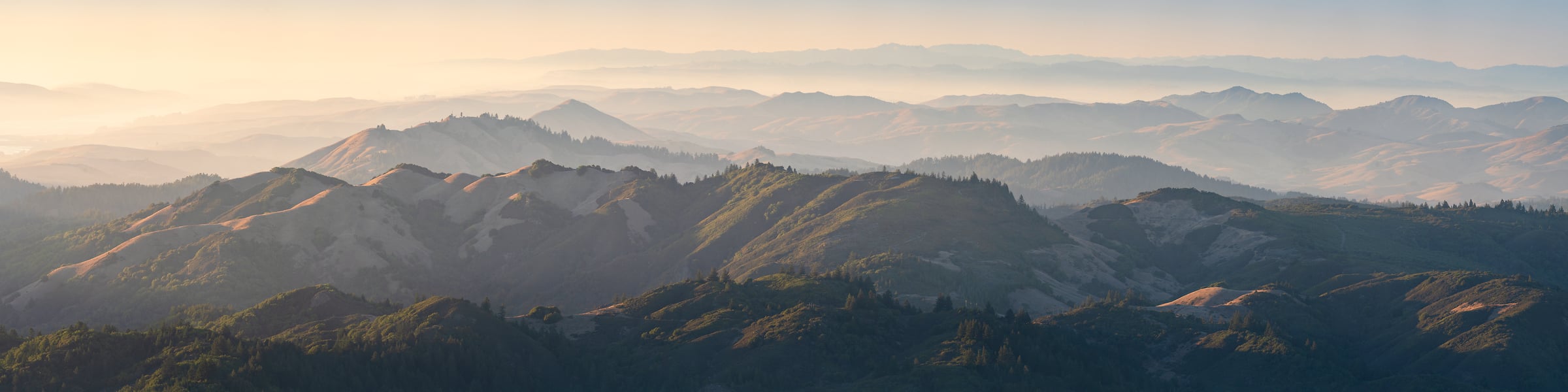 339 megapixels! A very high resolution, panorama photo print of the hills in Marin County at sunset; landscape photograph created by Jeff Lewis near Mt. Tamalpais in Marin County, California.