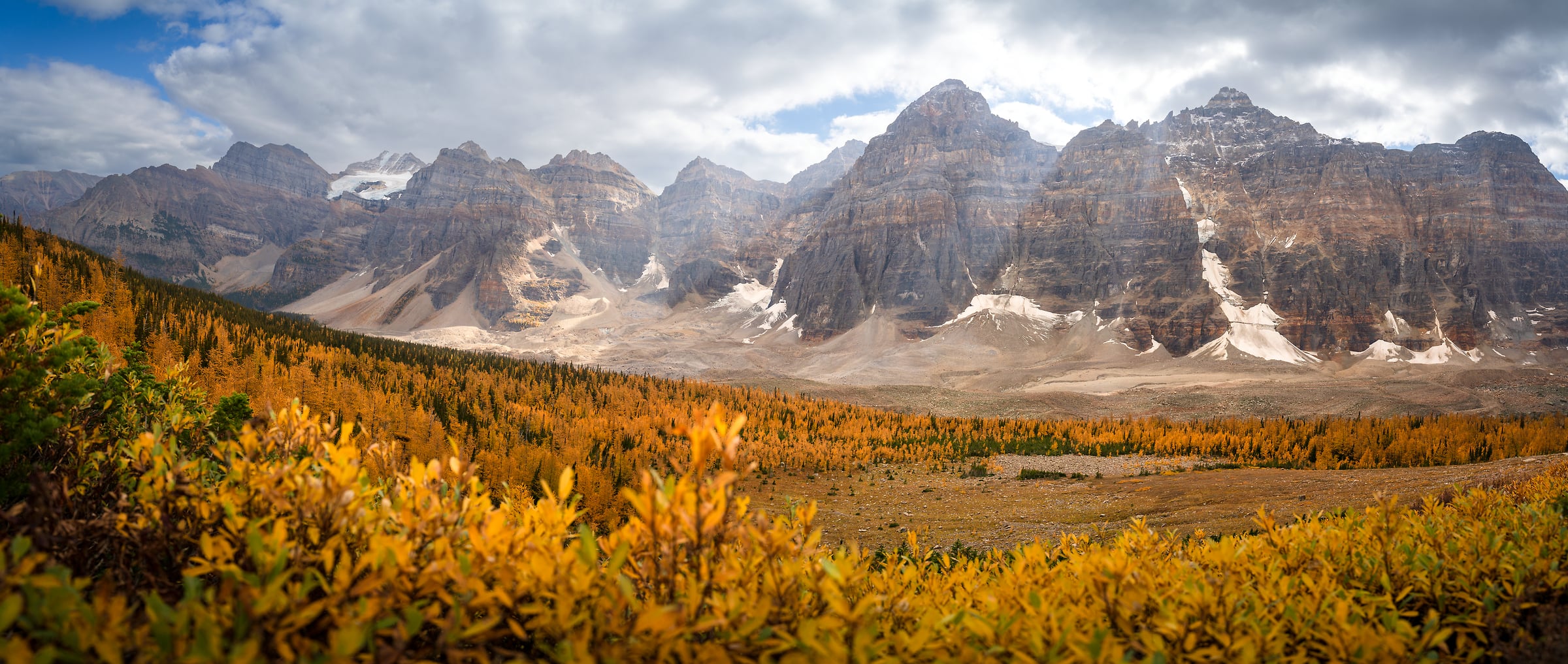 172 megapixels! A very high resolution, large-format VAST photo print of a mountain range in autumn with golden trees and foliage; landscape photograph created by Jeff Lewis in Banff National Park, Canada.