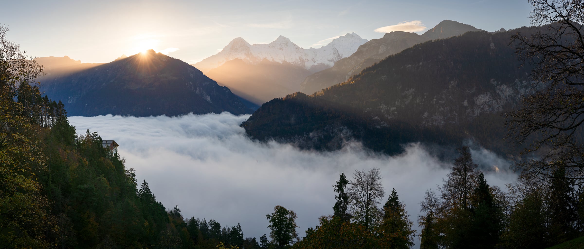 231 megapixels! A very high resolution, large-format VAST photo print of sunrise over mountains with clouds in a valley; landscape photograph created by Jeff Lewis in Interlaken, Switzerland.