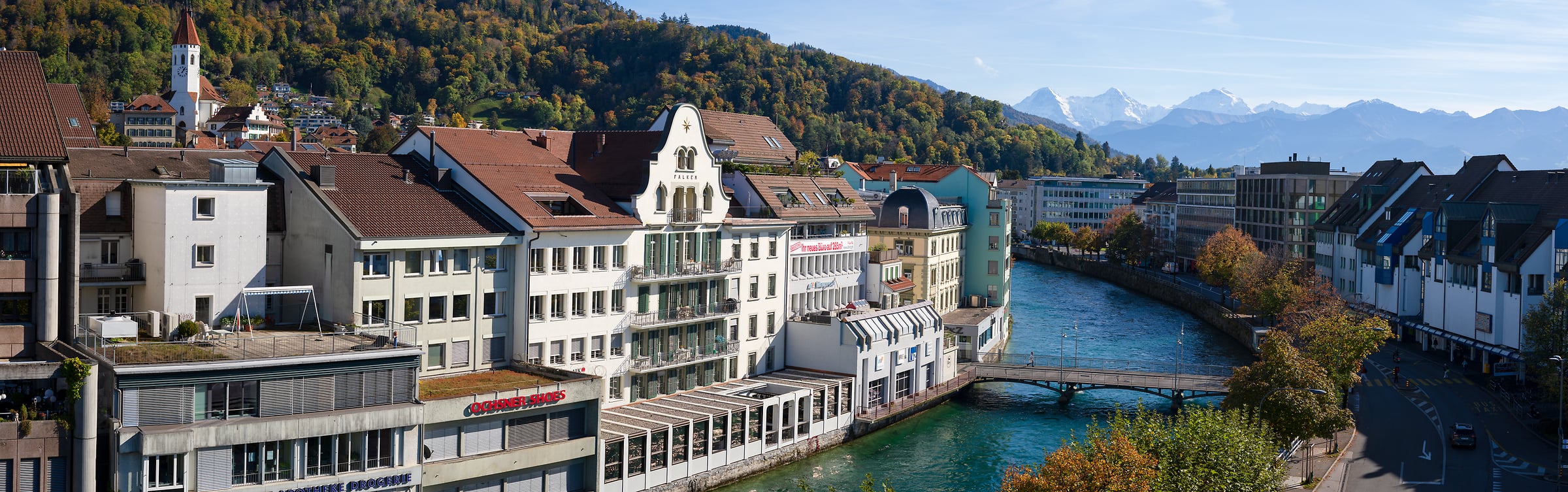 243 megapixels! A very high resolution, large-format VAST photo print of the Aare River and the Swiss Alps; photograph created by Jeff Lewis in Thun, Switzerland.