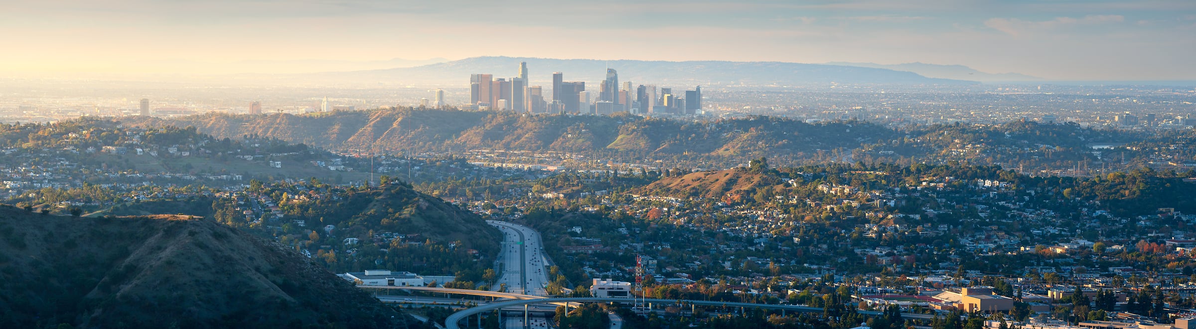 317 megapixels! A very high resolution, large-format panorama photo print of the Los Angeles, California skyline; cityscape photograph created by Jeff Lewis in Los Angeles, California.