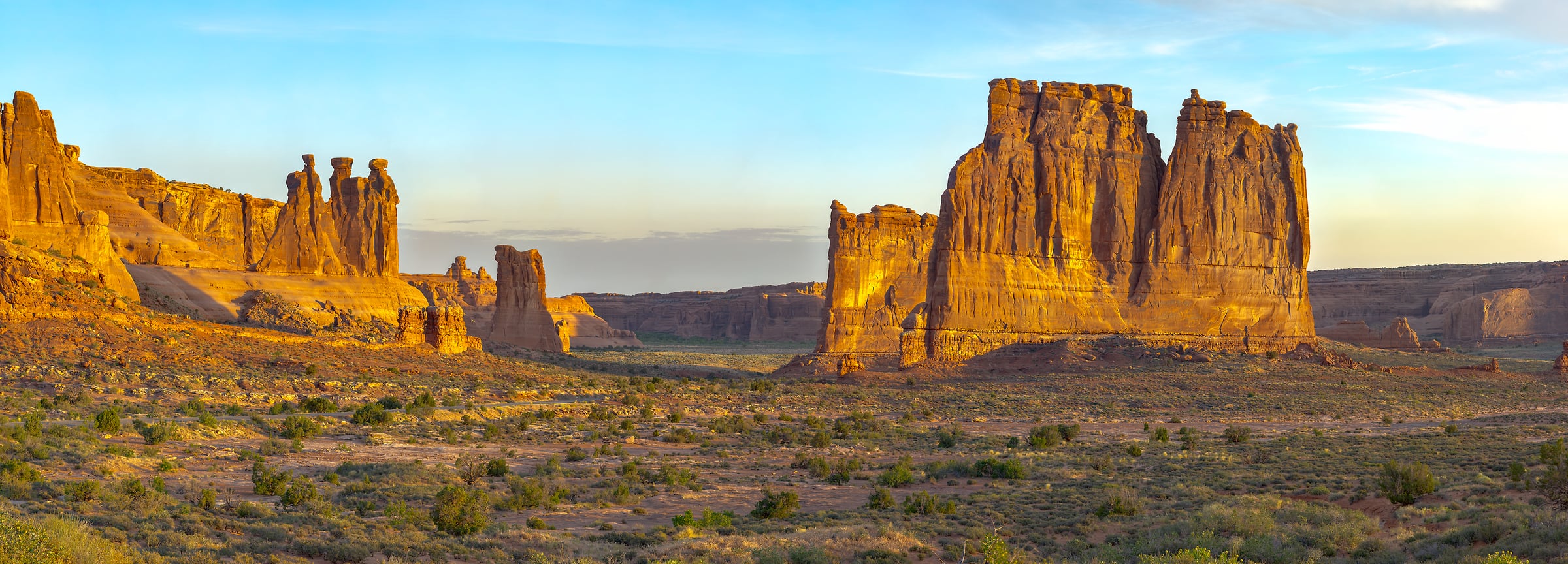 344 megapixels! A very high resolution, large-format VAST photo print of the Courthouse Towers in Arches National Park; landscape photograph created by John Freeman in Utah.