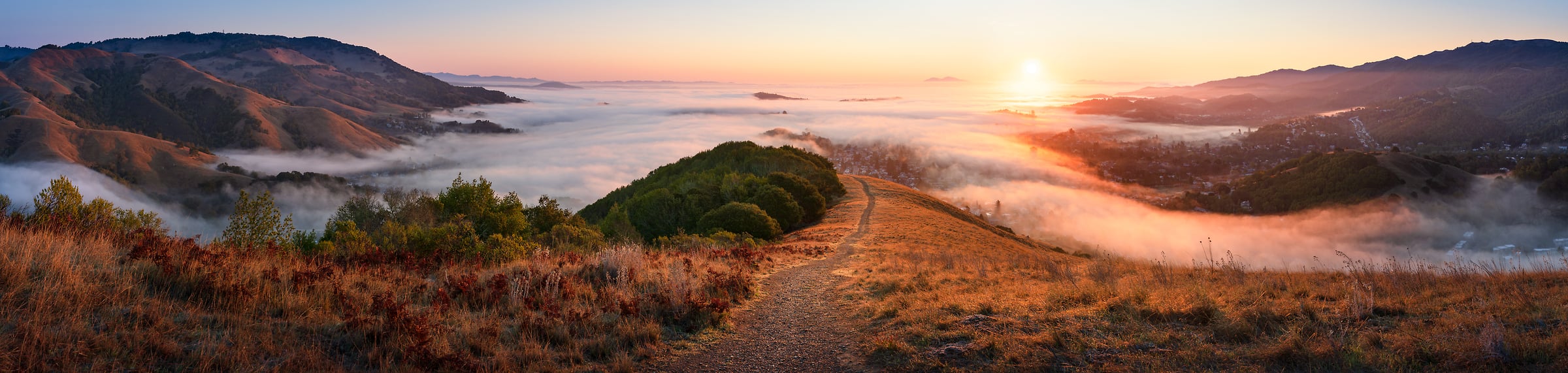 181 megapixels! A very high resolution, large-format VAST photo print of an inspirational pathway down a hill towards sunset with fog in a valley; panorama photograph created by Jeff Lewis in Marin County, California.