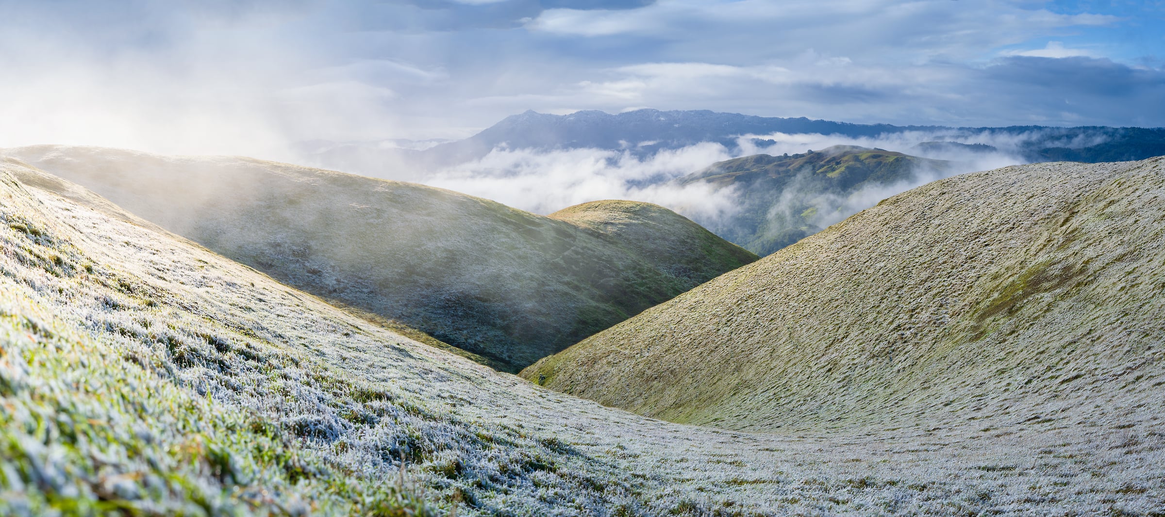 134 megapixels! A very high resolution, large-format VAST photo print of a dusting of snow on rolling hills in Marin, California; landscape photograph created by Jeff Lewis.