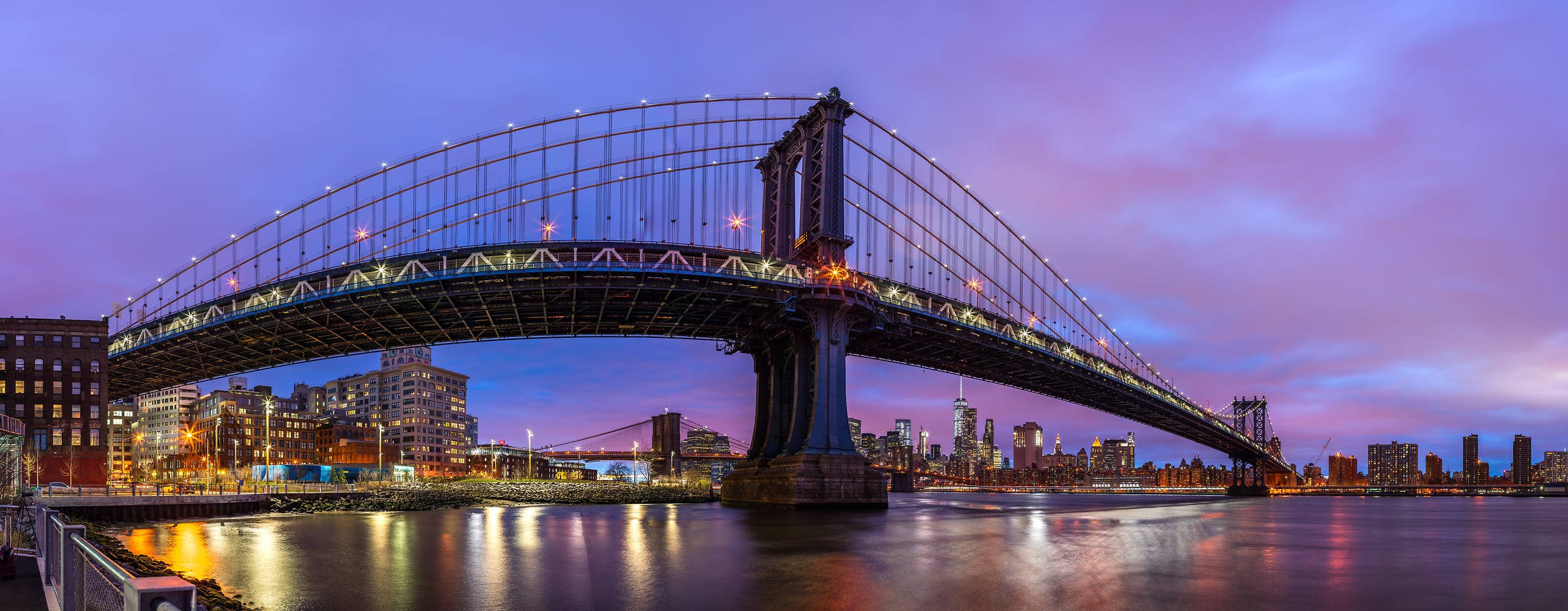 175 megapixels! A very high resolution, large-format VAST photo print of the Manhattan Bridge at night; urban photograph created by Assaf Frank in New York City.