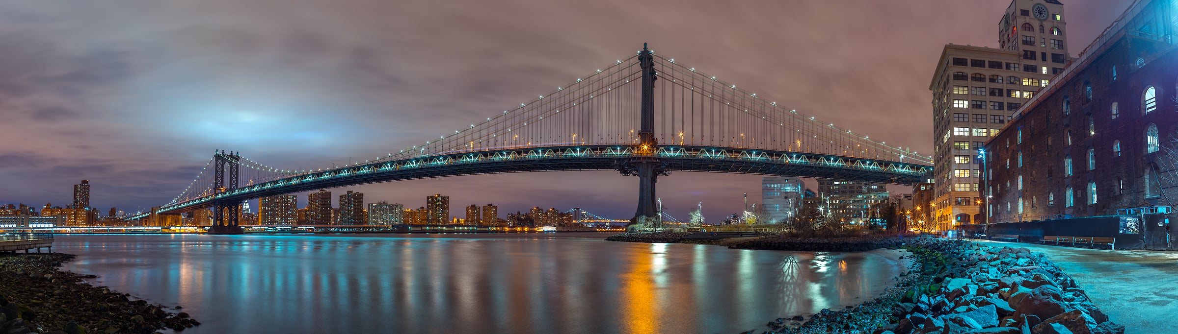 216 megapixels! A very high resolution, large-format VAST photo print of the Manhattan Bridge over the East River in New York City at night; urban photograph created by Assaf Frank.