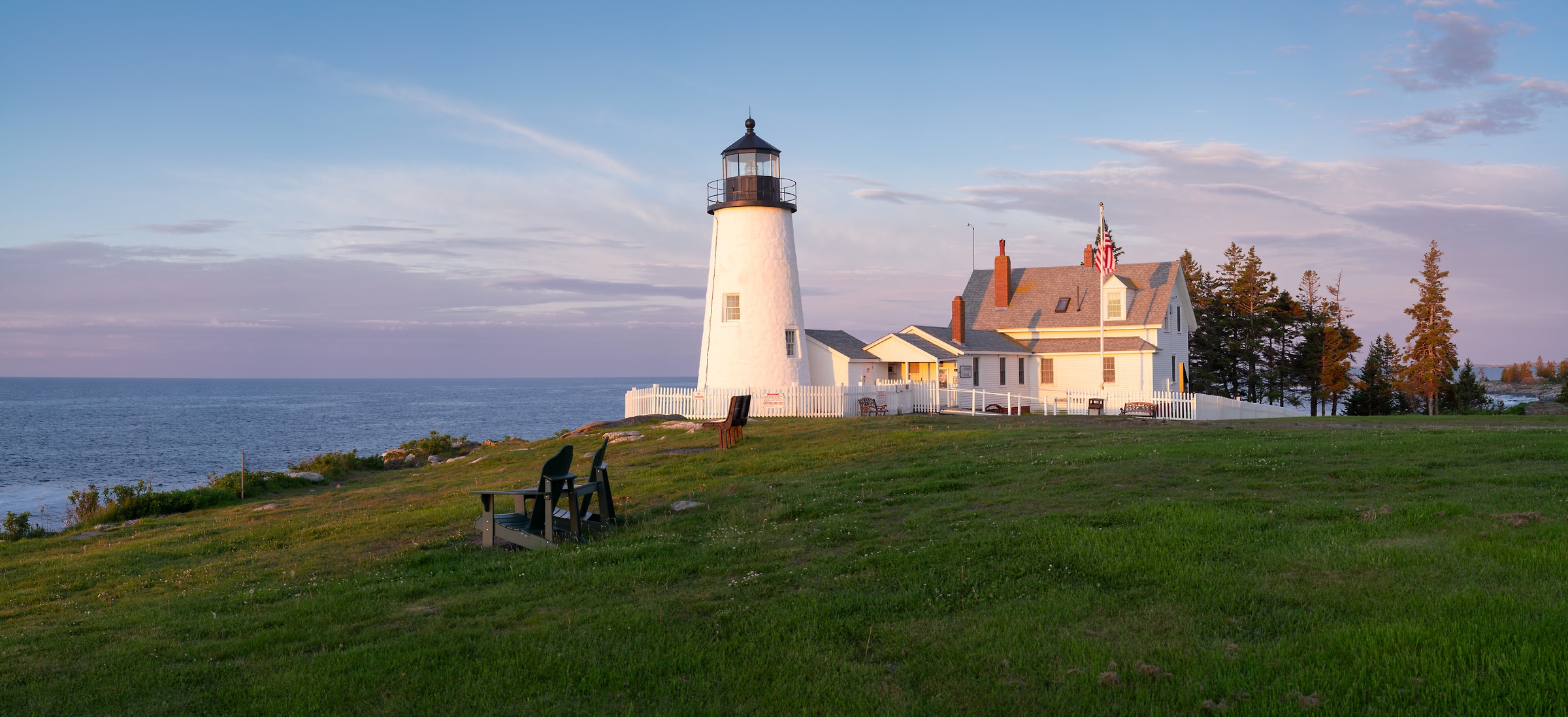 330 megapixels! A very high resolution, large-format VAST photo print of a beautiful lighthouse with a pleasant sunrise sky in the background; photograph created by Greg Probst at Pemaquid Point Lighthouse in Bristol, Maine.