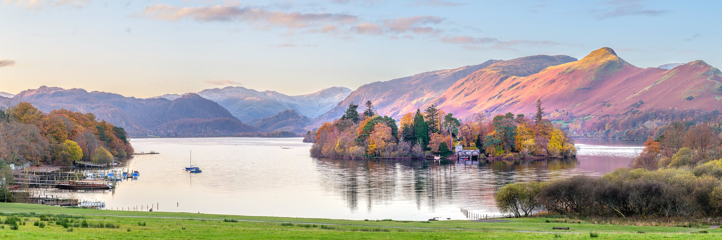 213 megapixels! A very high resolution, large-format VAST photo print of a beautiful lake at sunrise with fall foliage and mountains; landscape photograph created by Assaf Frank in Derwent Isle, Lake District, England.