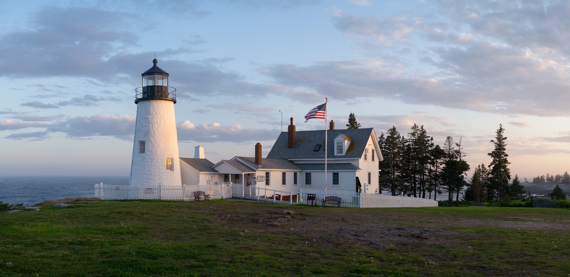 346 megapixels! A very high resolution, large-format VAST photo print of a New England lighthouse at sunset; photograph created by Greg Probst at Pemaquid Point Lighthouse in Bristol, Maine.