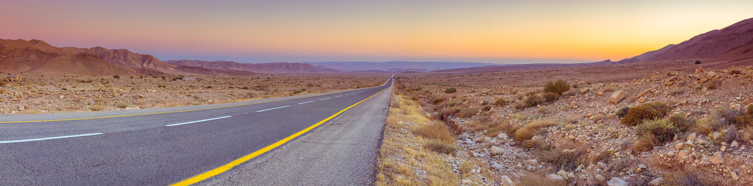 227 megapixels! A very high resolution, large-format VAST photo print of a road going into the distance in a desert at sunset; photograph created by Assaf Frank in Negev Desert, Israel.