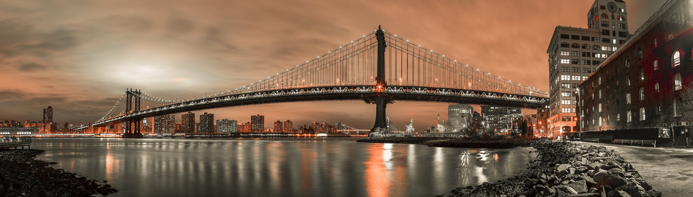 216 megapixels! A very high resolution, large-format VAST photo print of the Manhattan Bridge over the East River at night; photograph created by Assaf Frank in Manhattan bridge, New York, USA.