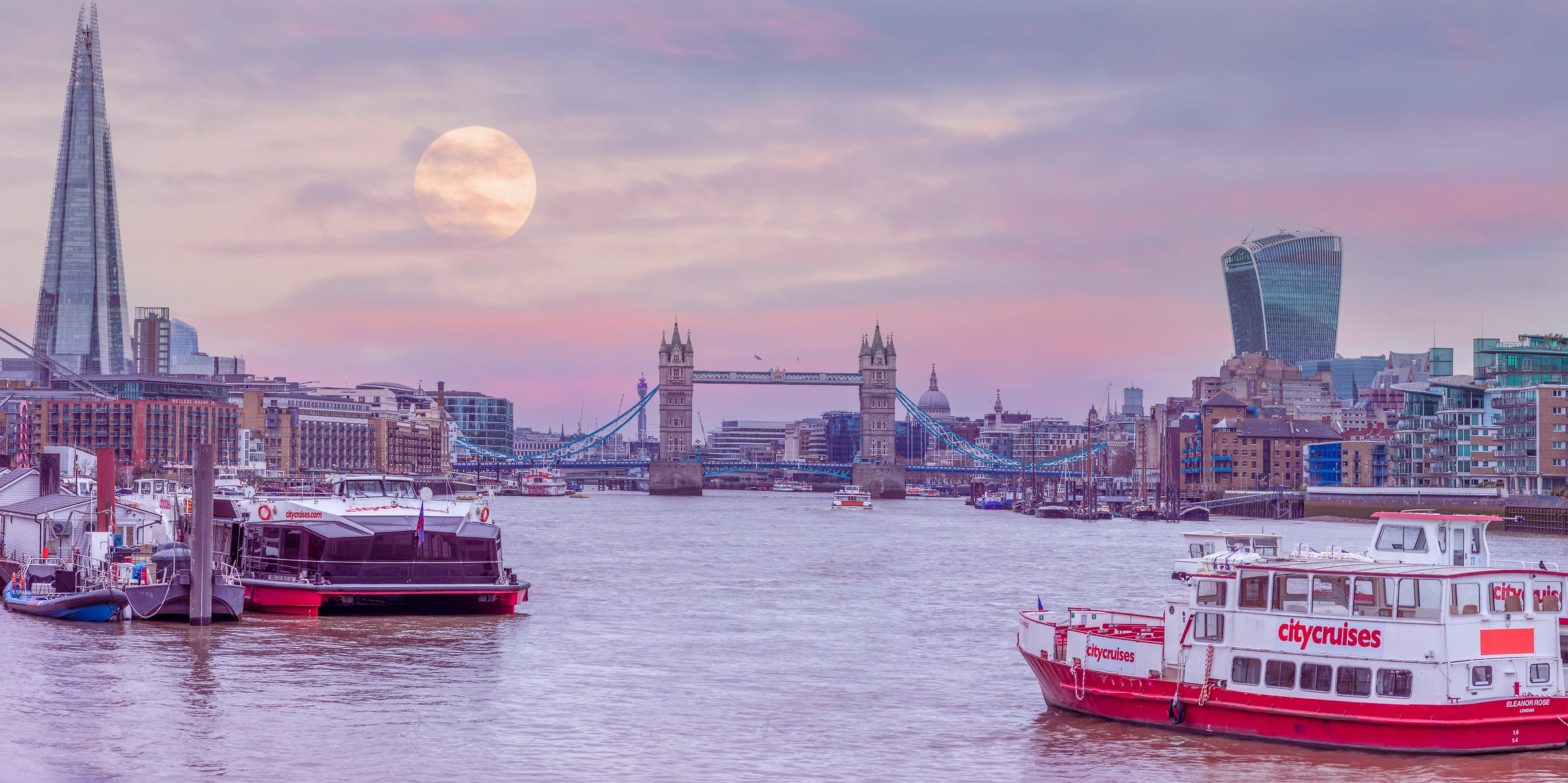 207 megapixels! A very high resolution, large-format VAST photo print of the London skyline, the Tower Bridge, and the moon, with the River Thames in the foreground; cityscape photograph created by Assaf Frank in the United Kingdom.