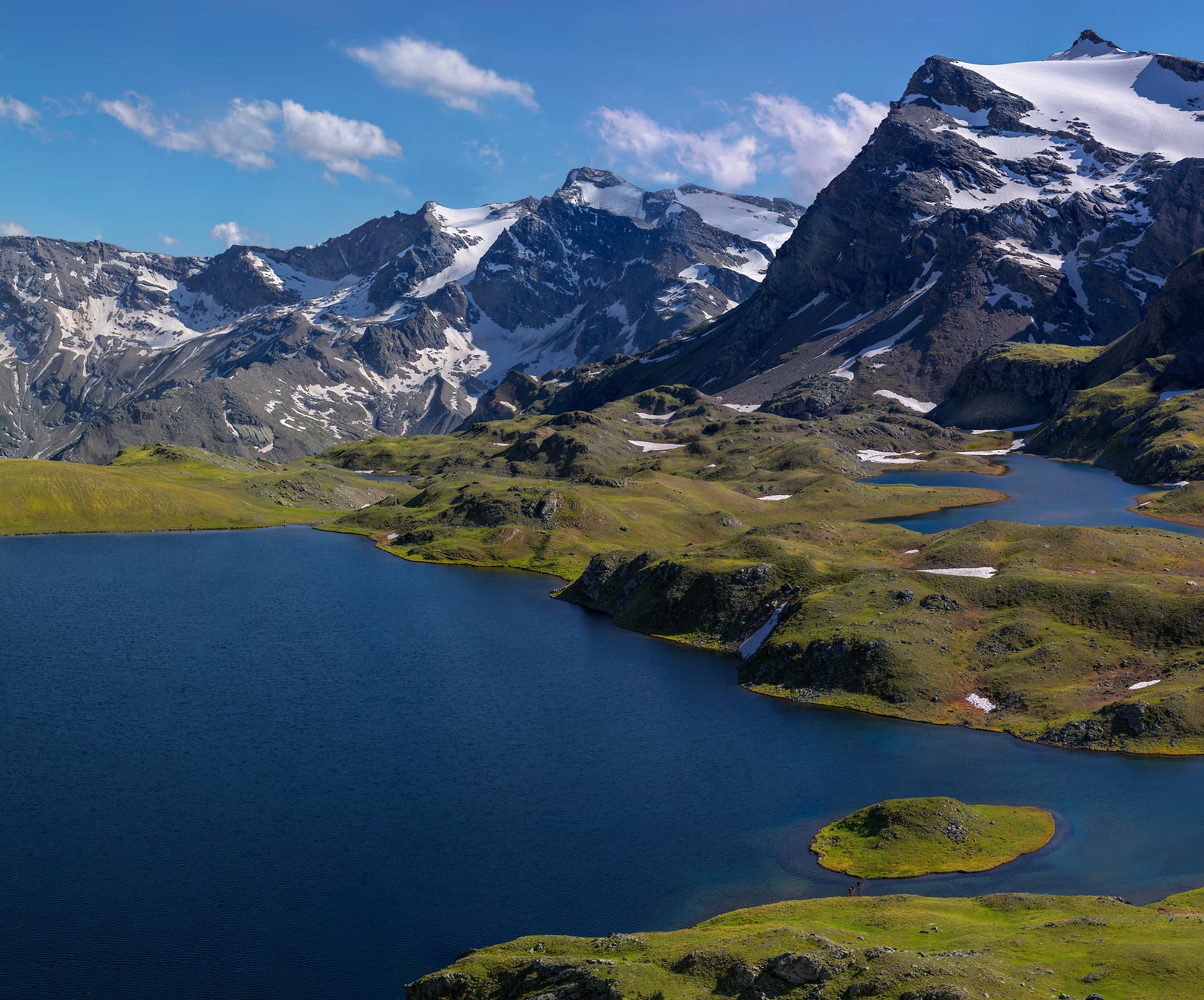 2,139 megapixels! A very high resolution, large-format VAST photo print of a heavenly landscape with mountains, lakes, and a blue sky; photograph created by Duilio Fiorille in Ceresole Reale, Torino, Italy.