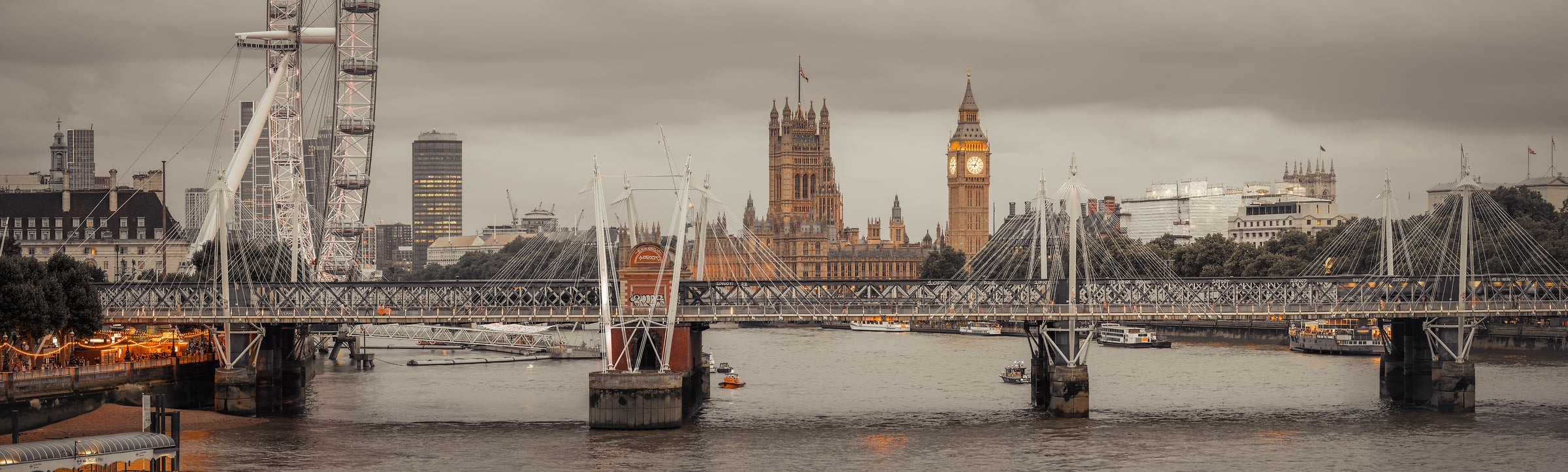 441 megapixels! A very high resolution, large-format VAST photo print of some of London's landmarks including Big Ben, the Palace of Westminster, the London Eye, the River Thames, and bridges; cityscape photograph created by Assaf Frank in London, United Kingdom.