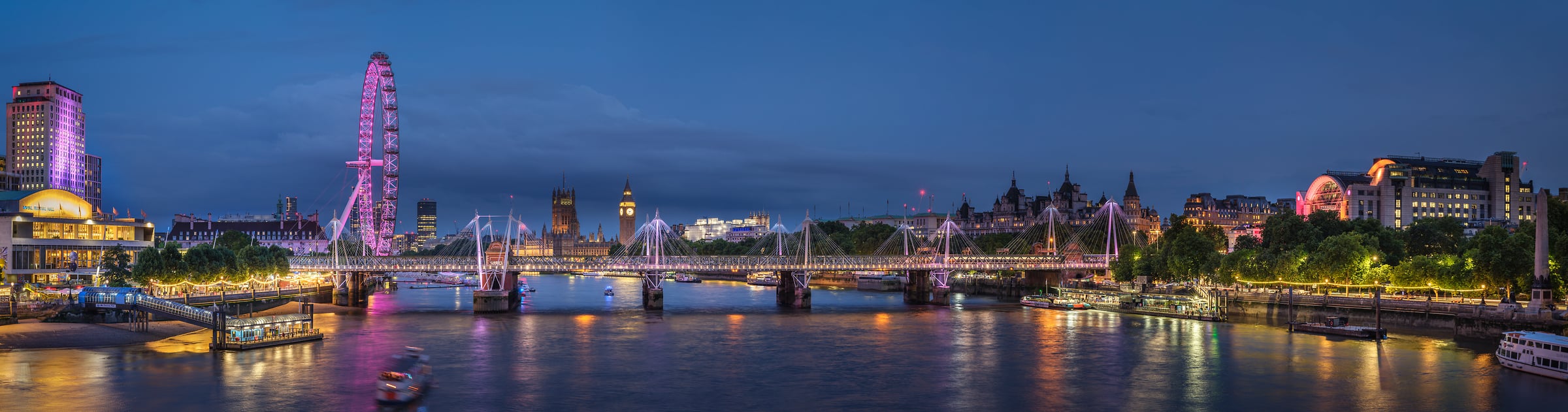 515 megapixels! A very high resolution, large-format VAST photo print of the London skyline with the London Eye, Big Ben, Westminster Palace, the River Thames, and bridges at dusk; cityscape photograph created by Assaf Frank in the United Kingdom.