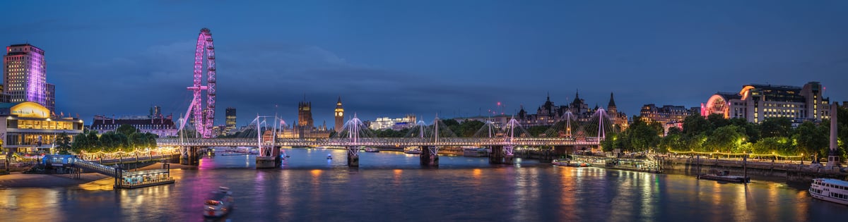 515 megapixels! A very high resolution, large-format VAST photo print of the London skyline with the London Eye, Big Ben, Westminster Palace, the River Thames, and bridges at dusk; cityscape photograph created by Assaf Frank in the United Kingdom.