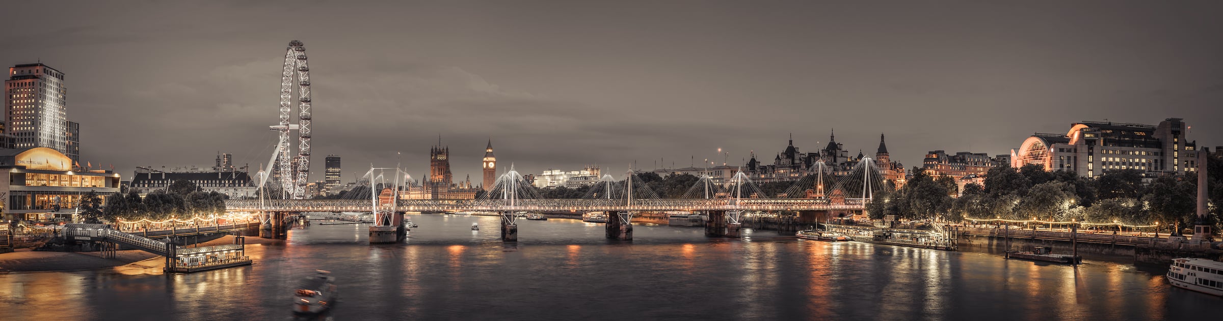 515 megapixels! A very high resolution, large-format VAST photo print of the London skyline with the London Eye, Big Ben, Westminster Palace, the River Thames, and bridges at night; cityscape photograph created by Assaf Frank in the United Kingdom.