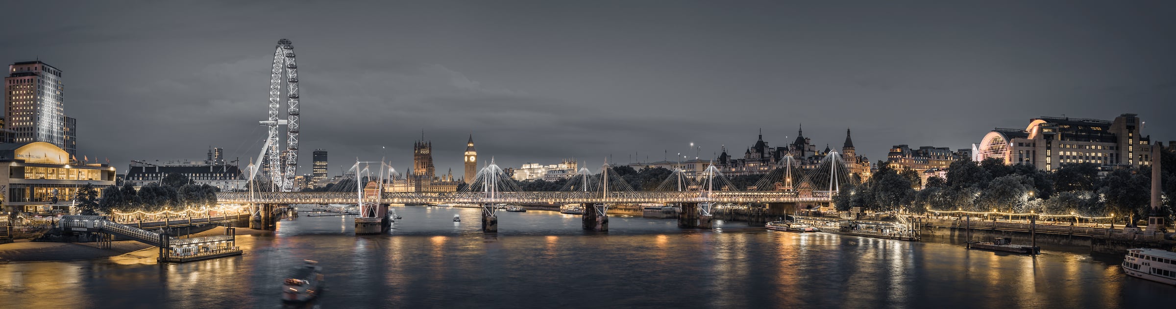 515 megapixels! A very high resolution, large-format VAST photo print of the London skyline at night with the River Thames, the London Eye, Big Ben, and other landmarks; panorama photograph created by Assaf Frank in London, United Kingdom.