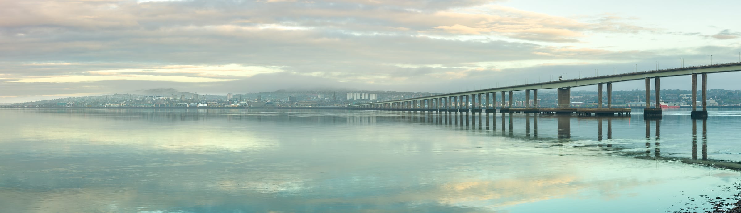 203 megapixels! A very high resolution, large-format VAST photo print of a bridge over a peaceful body of water; panorama photograph created by Assaf Frank in Tay Road Bridge, Dundee, Scotland.