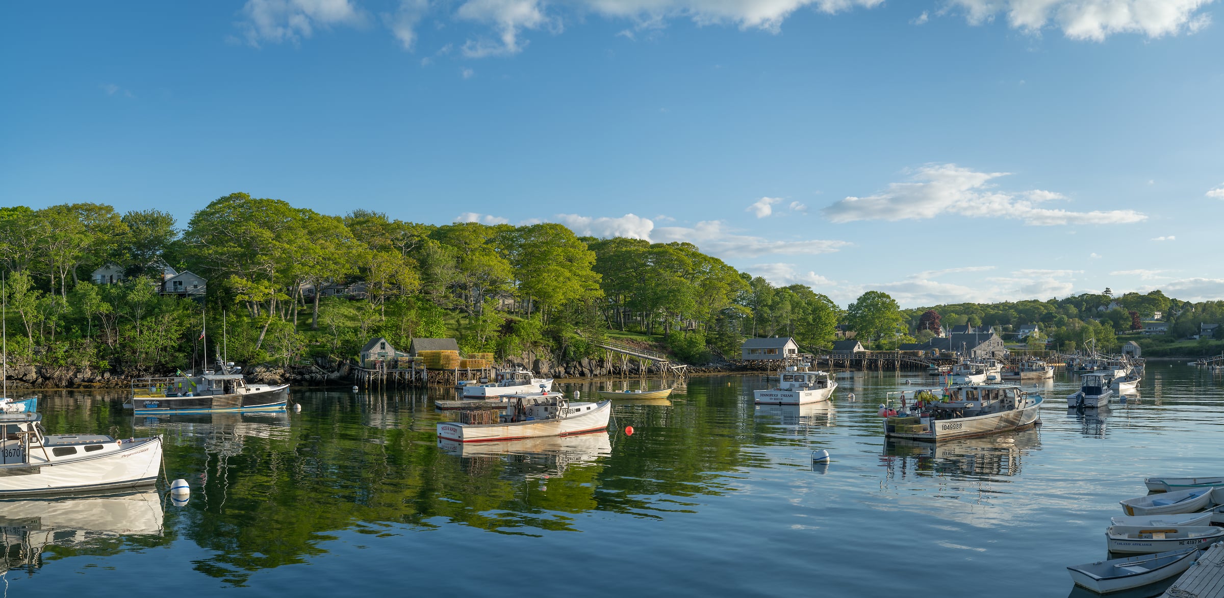 425 megapixels! A very high resolution, large-format panorama photo print a beautiful harbor with fishing boats, peaceful water, and a blue sky; New England fine art photograph created by Greg Probst in New Harbor, Maine.