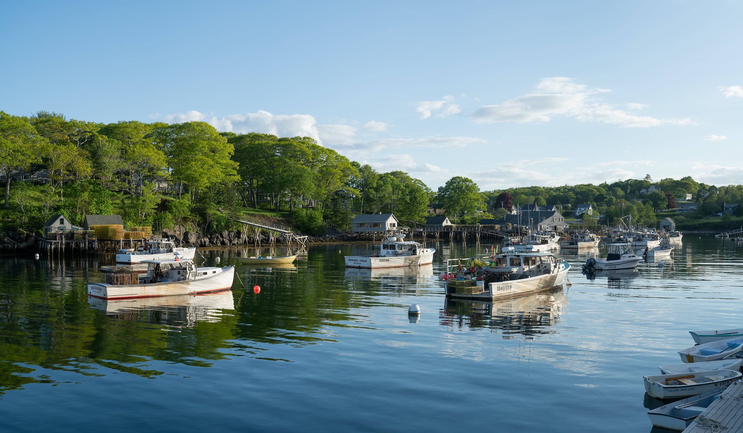 304 megapixels! A very high resolution, large-format VAST photo print of a beautiful harbor in New England with fishing boats, peaceful water, homes, and a blue sky; photograph created by Greg Probst in New Harbor, Maine.