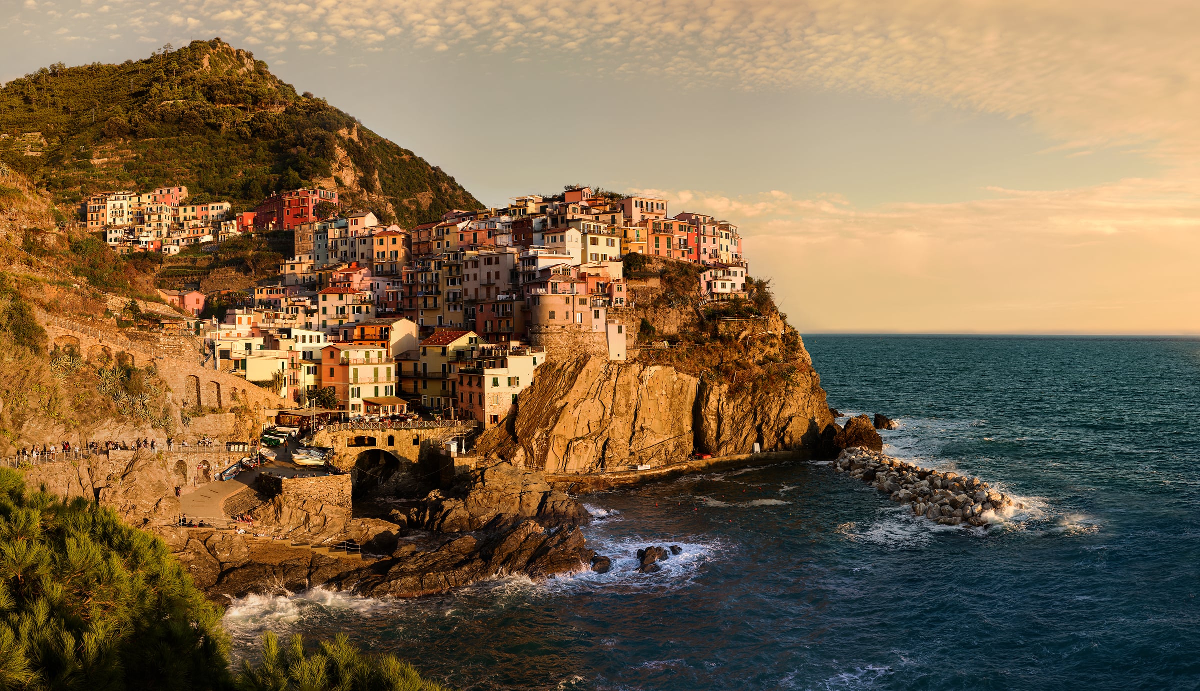 1,286 megapixels! A very high resolution, large-format VAST photo print of a small town of buildings on a cliff over the Mediterranean Sea at sunset; photograph created by Scott Dimond in Manarola, Cinque Terre, La Spezia, Liguria, Italy.