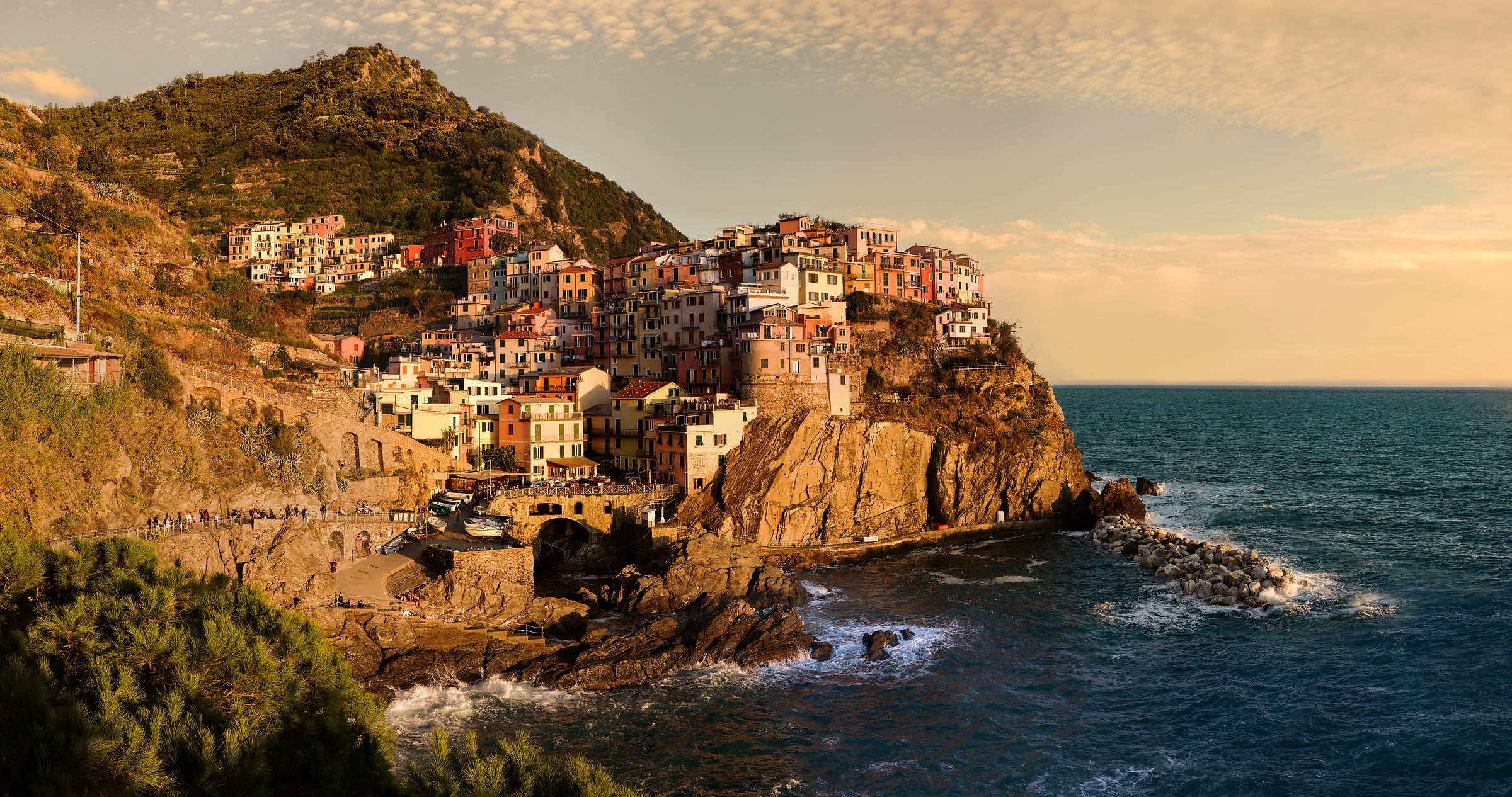 1,405 megapixels! A very high resolution, gigapixel photo of a landscape in Italy with a small town of buildings on a cliff over the Mediterranean Sea at sunset; photograph created by Scott Dimond in Manarola, Cinque Terre, La Spezia, Liguria, Italy.